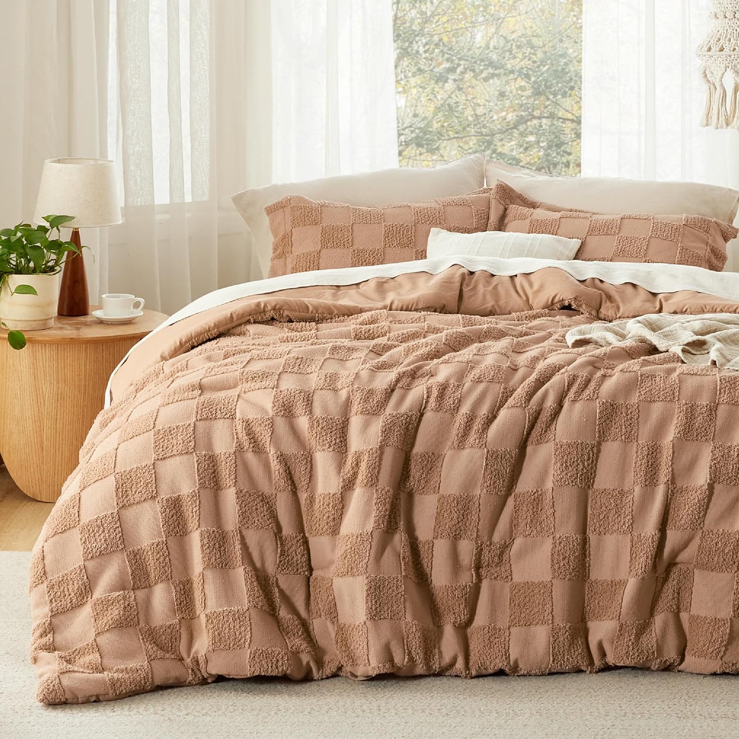 Bedsure King Size Comforter Set Beige, Boho Tufted Bed Set, Checkered Farmhouse Shabby Chic Bedding, 3 Pieces, 1 Plaid Geometric Comforter and 2 Pillow Shams - Image 17