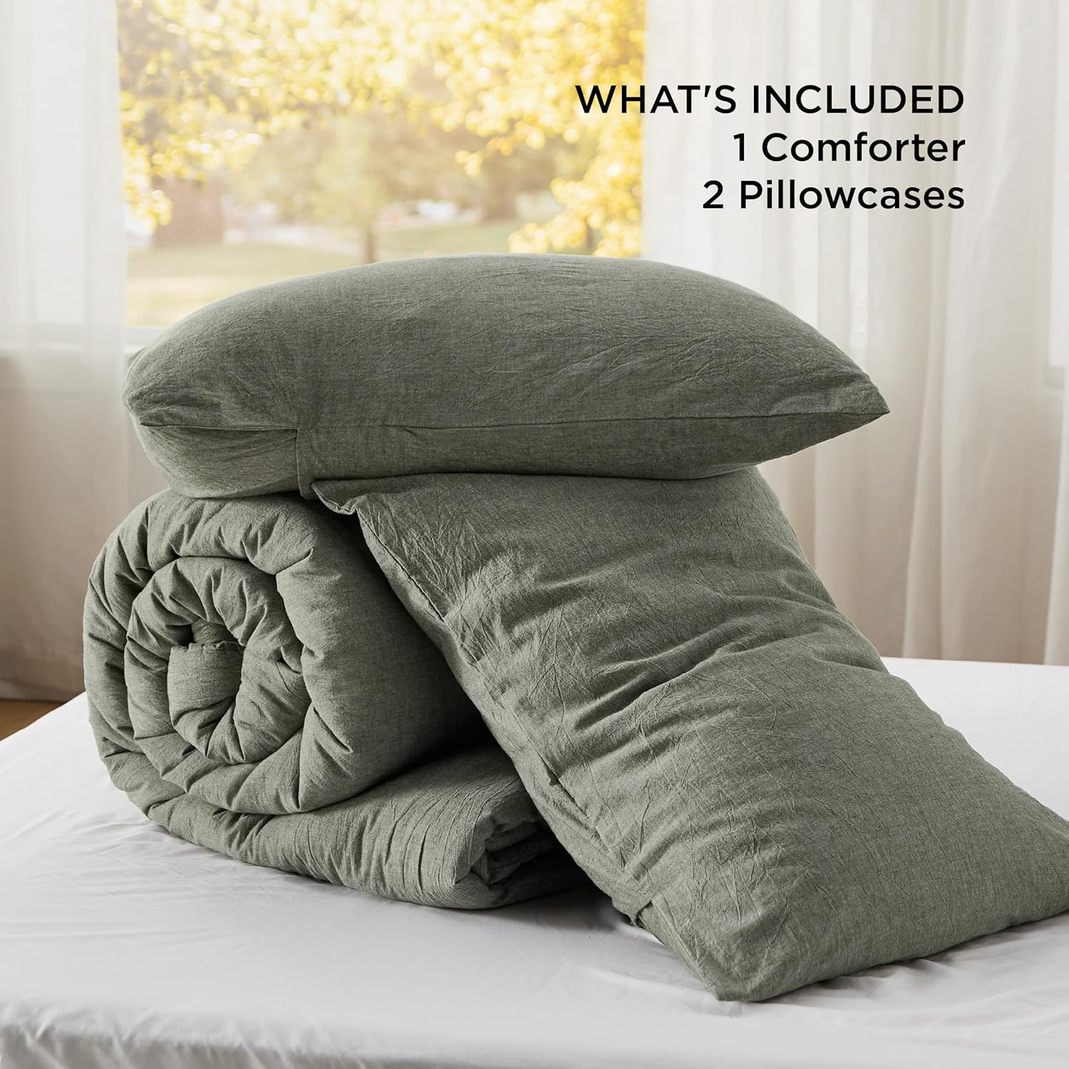 Bedsure Comforter Set King Size - Cotton Fabric with Microfiber Inner Fill, Grayish Olive Green Soft Bed Set for All Seasons, 3 Pieces, 1 Comforter (104" x 90") and 2 Pillow Cases (20" x 36") - Image 6