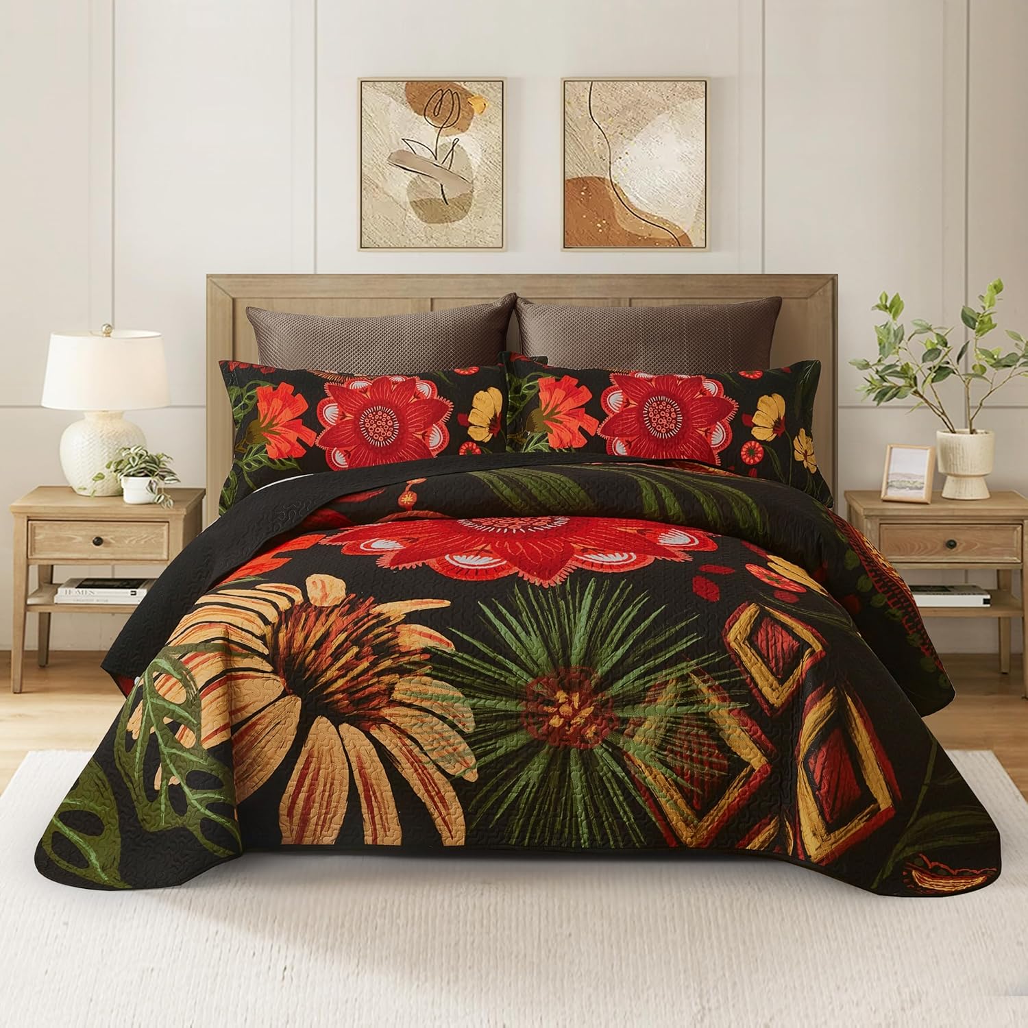 3 Piece Black Boho Floral Full/Queen Quilt Sets Reversible Farmhouse Botanical Lightweight Bedspread Coverlet with 2 Shams Mid Century Microfiber Fall Bedding Quilts Set for All Season,90''x96'' - Image 12