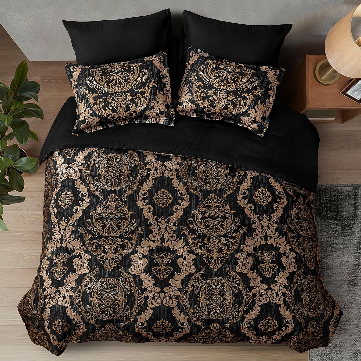 WONGS BEDDING Black Comforter Set Queen Size, Gold Damask Texture 7 Pieces Bed in a Bag Microfiber Comforter Bedding Sets -1 Comforter, 1 Flat Sheet, 1 Fitted Sheet, 2 Pillow Shams, 2 Pillowcases - Image 4