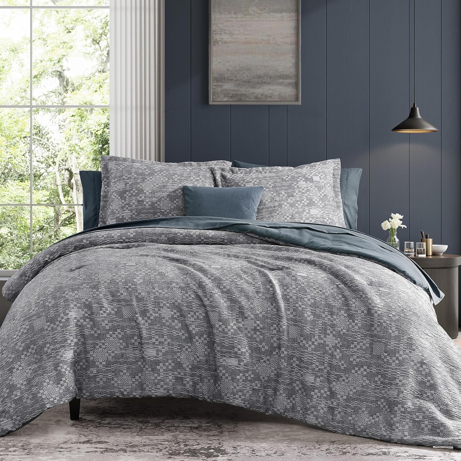 MaiRêve Charcoal Grey Queen Comforter Set, Textured Design Grey Crinkle Bed in A Bag Queen Size, Queen Comforter Set with 7 Pieces with Comforter, Sheets, Pillowcases & Shams 90"x 90" - Image 9