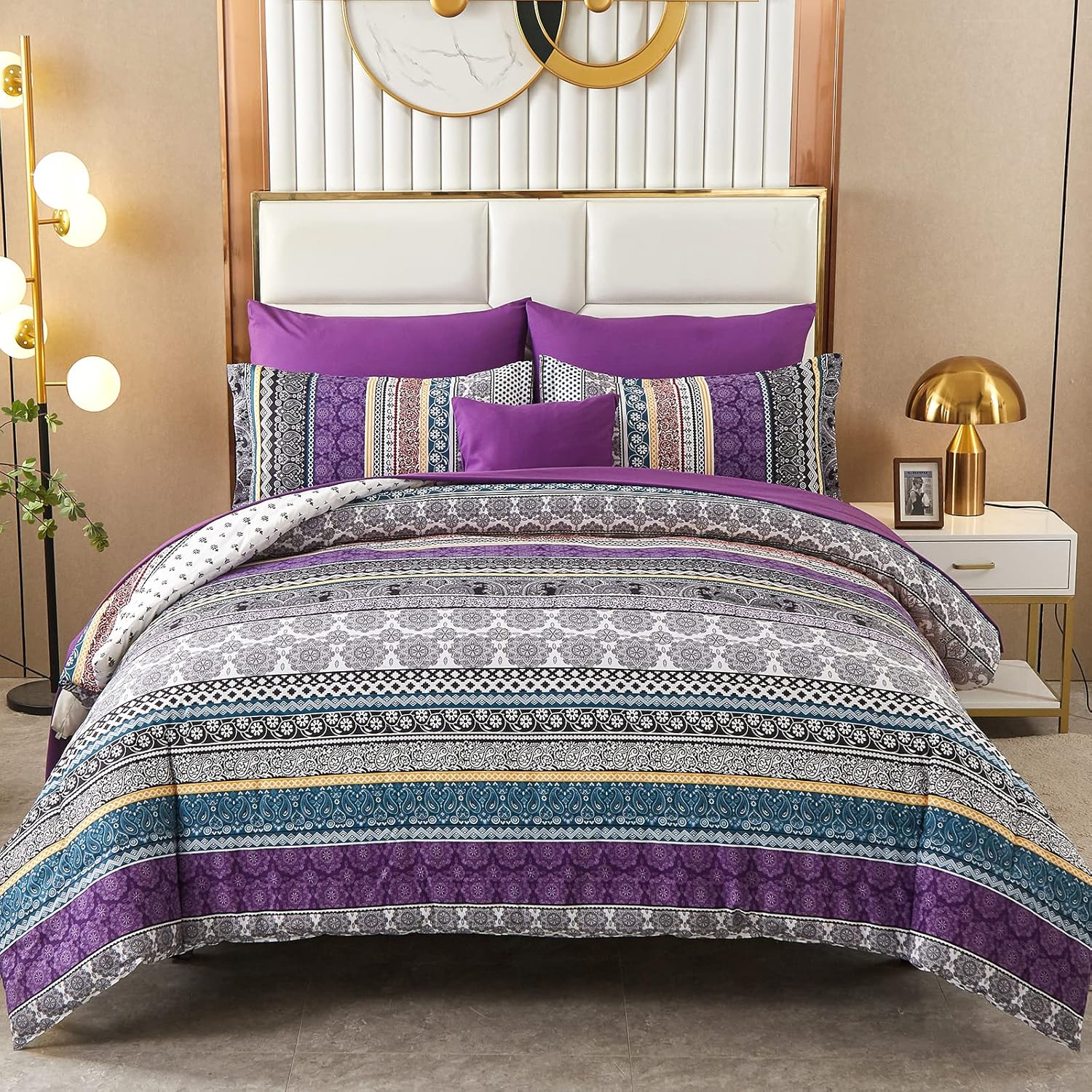 Cottolester Boho Comforter Set Full Size 8 Piece Bed in a Bag Bohemian Striped Bedding Quilt Set Aqua Paisley Floral Comforter and Sheet Set,Soft Microfiber Complete Bedding Sets for All Season - Image 34
