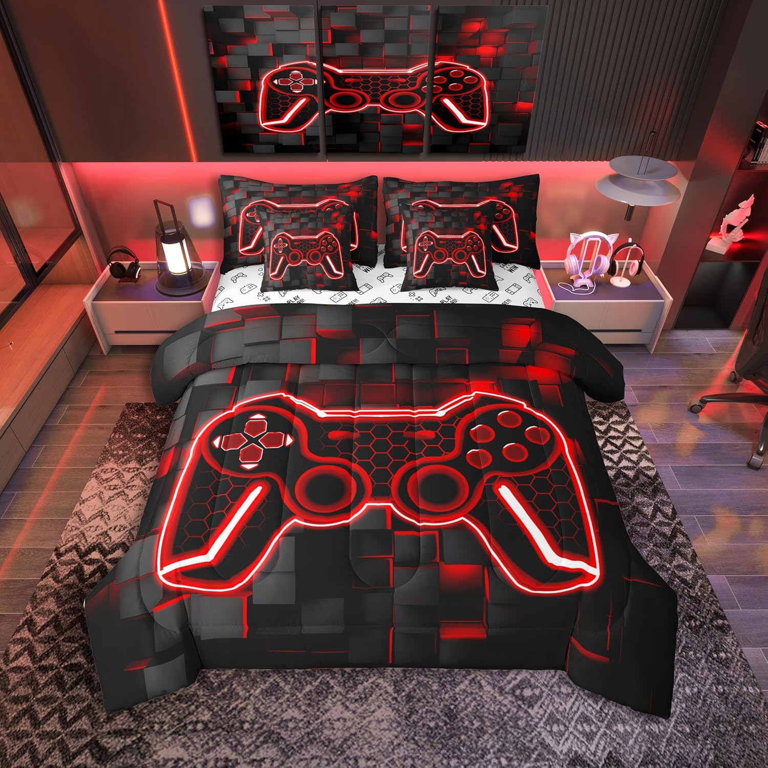 Feelyou Gamer Bedding Set Gamepad Comforter Set with Sheets 7 Piece for Boys Gaming Gifts Bed in a Bag Full Game Controller Red Bed Set with Comforter,Sheets,Cushion Covers - Image 28