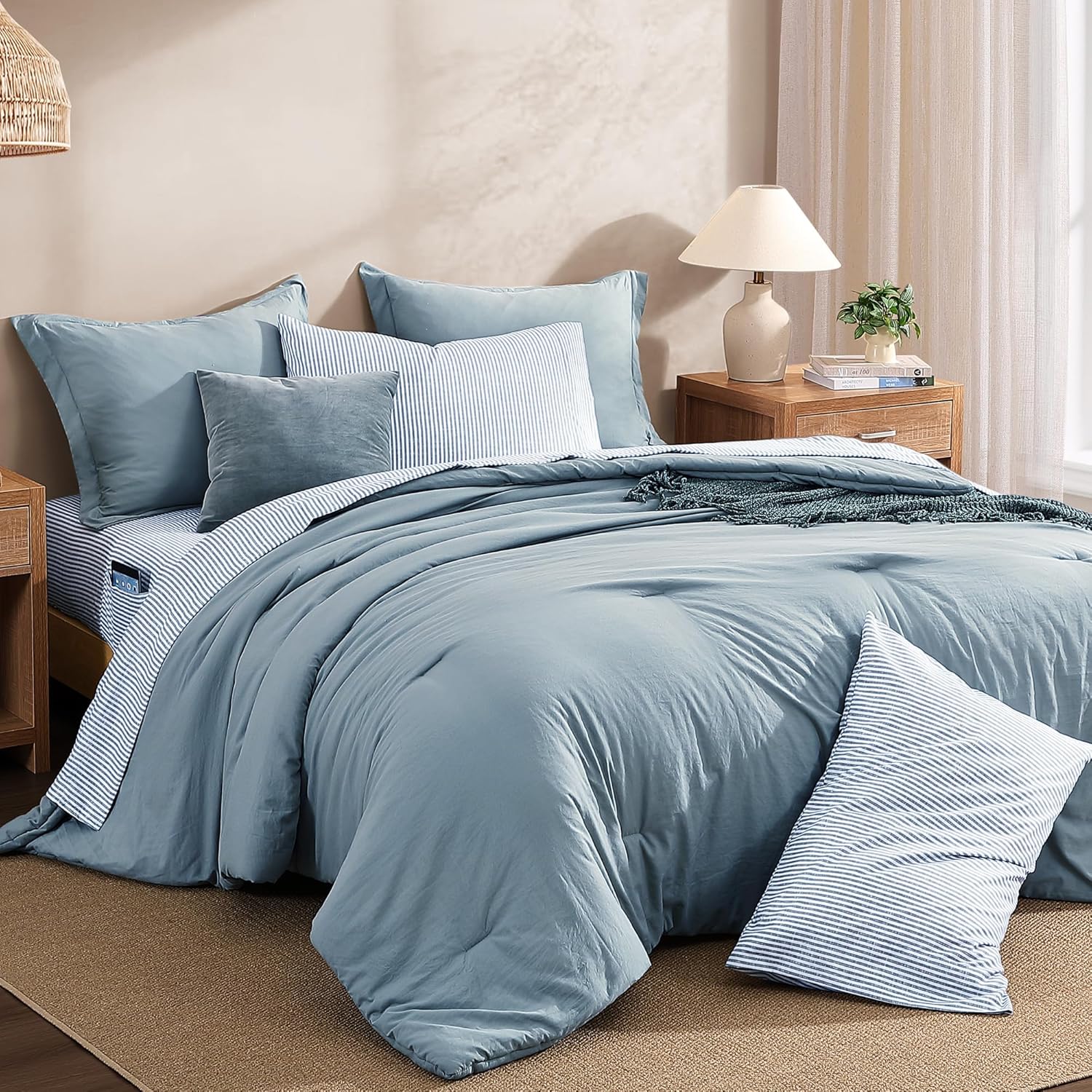 Monbix Queen Comforter Set - 7 Pieces Dusty Blue Prewashed Bed in a Bag Queen Bedding Sets with Comforters, All Seasons Ultra Soft Comforter Bed Set with Sheets,Pillowcases & Shams - Image 3