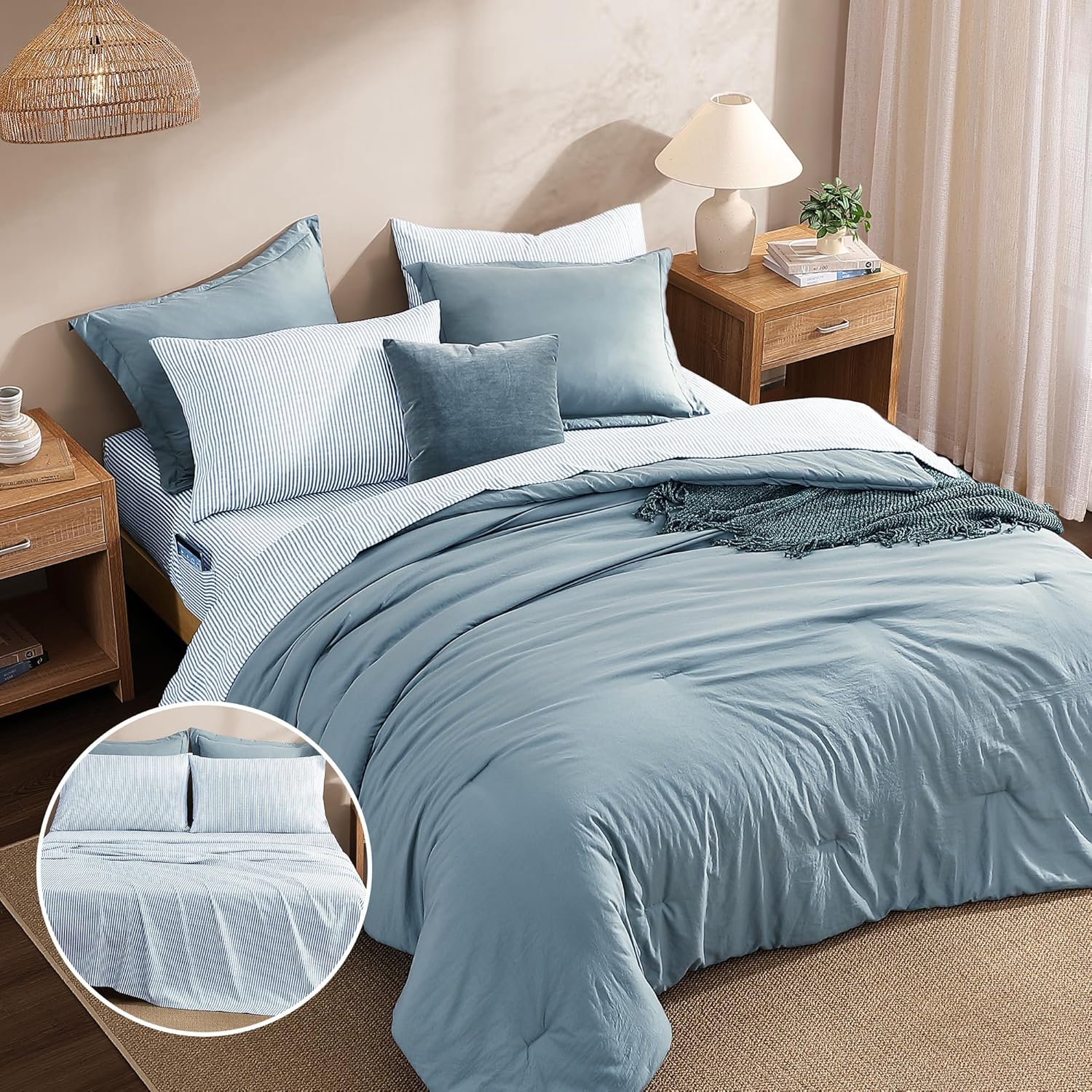 Monbix Queen Comforter Set - 7 Pieces Dusty Blue Prewashed Bed in a Bag Queen Bedding Sets with Comforters, All Seasons Ultra Soft Comforter Bed Set with Sheets,Pillowcases & Shams - Image 4