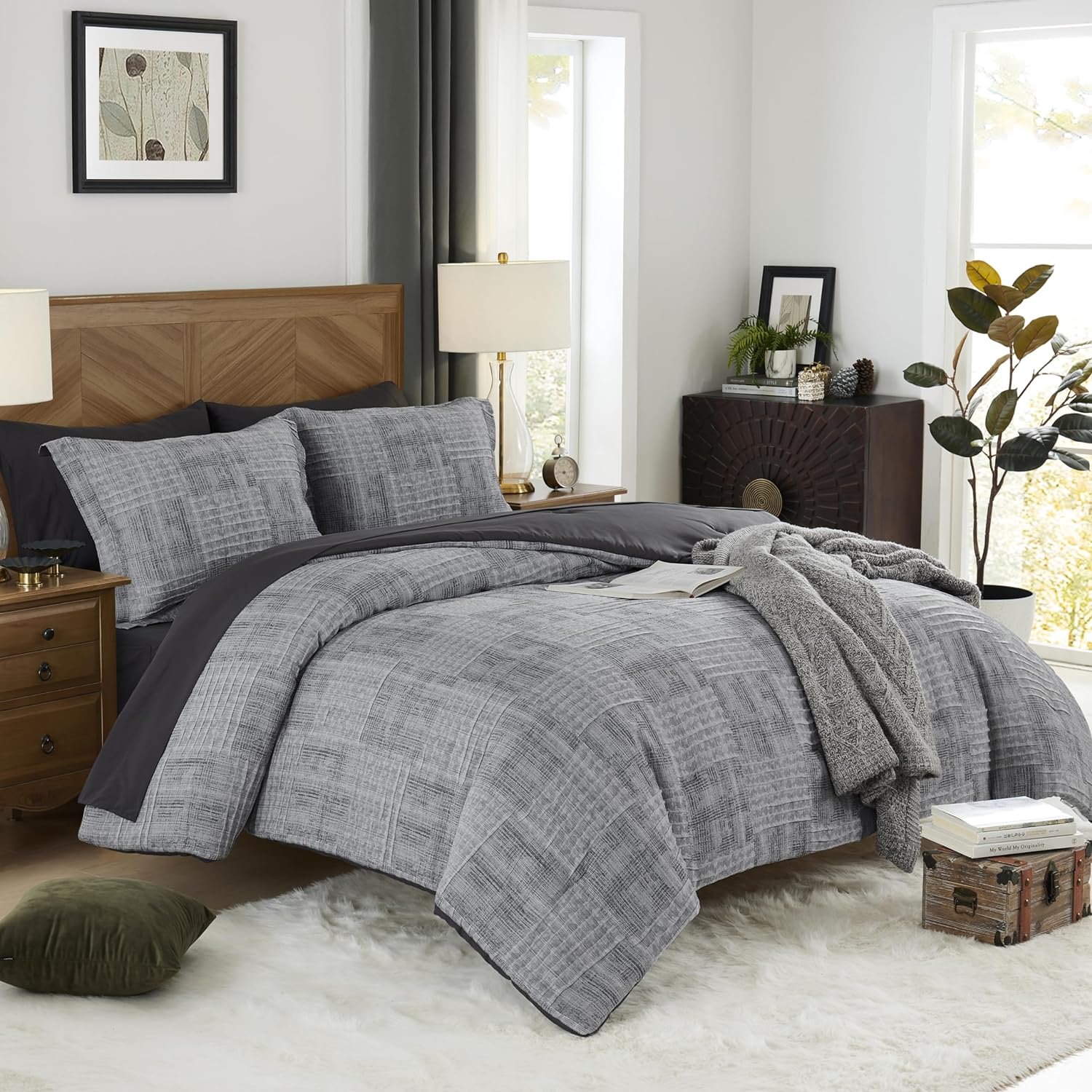 MaiRêve Charcoal Grey Queen Comforter Set, Textured Design Grey Crinkle Bed in A Bag Queen Size, Queen Comforter Set with 7 Pieces with Comforter, Sheets, Pillowcases & Shams 90"x 90" - Image 6