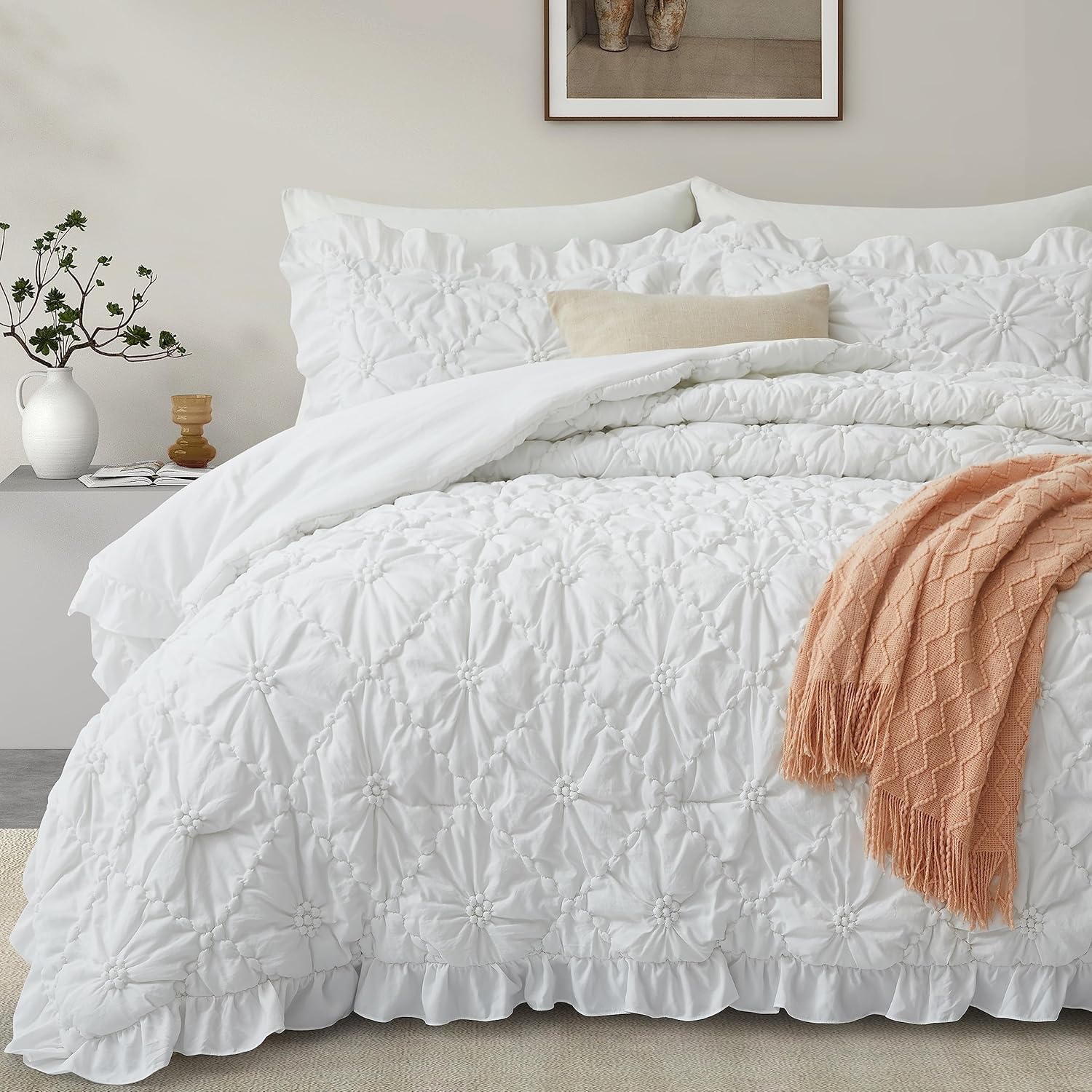 BEDAZZLED Queen Size Comforter Sets, Beige Bedding Comforter Set, 3 Pieces Pinch Pleat Bedding Sets with Comforter and Pillowcases Soft Farmhouse Shabby Chic Comforter for All Season - Image 9