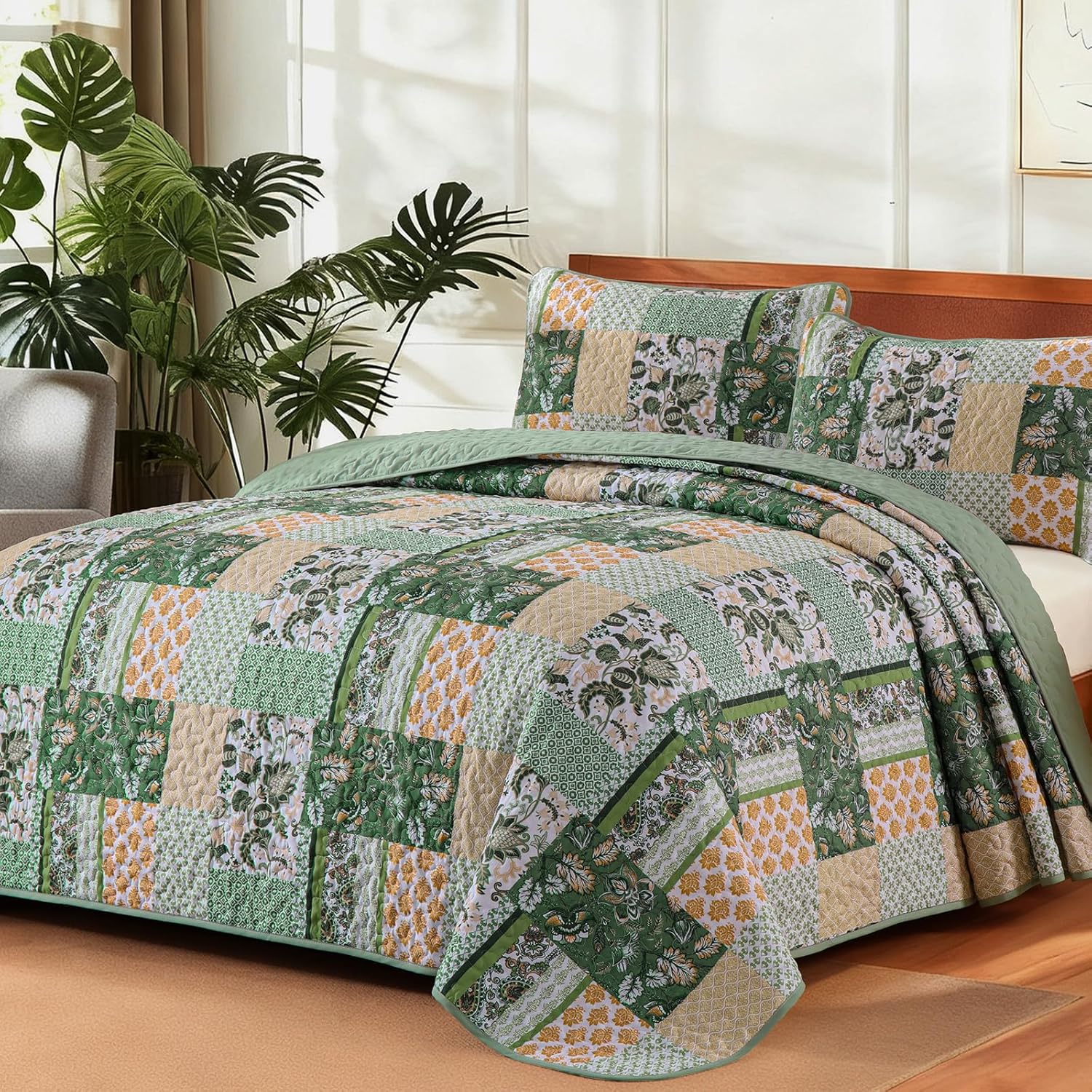 WONGS BEDDING Green Quilt Set King Size,Green Patchwork Plaid Printed Bedspread Coverlet Set,3 Pieces Summer Soft Microfiber Boho Bedding Set with 1 Quilt 2 Pillowcases - Image 10