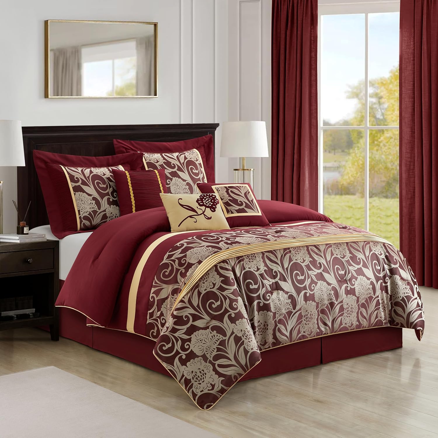 Stratford Park Jacquard 7-Piece Comforter Bedding Set, Red, Queen Size, Floral Bedding Set, Matching Bedskirt, Pillows & Shams - Image 2