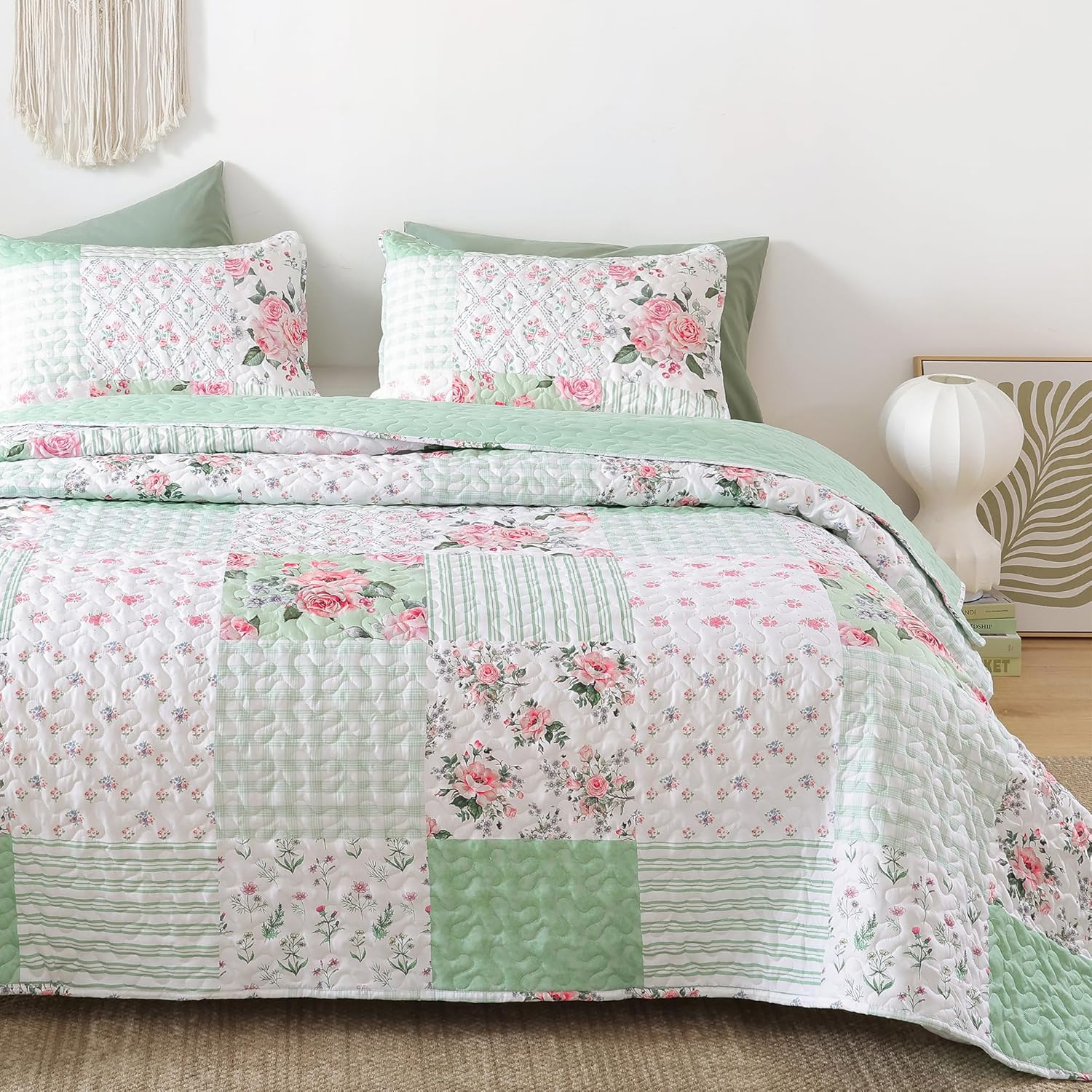 YIKUSH Quilt Sets Queen Size Floral Quilt Set 3 Pieces Bedding Set Bedspreads Pink Comforter Blanket with 2 Pillow Cases- Ultra Soft Floral Coverlet with Printed Pattern 90in.x 90in - Image 11