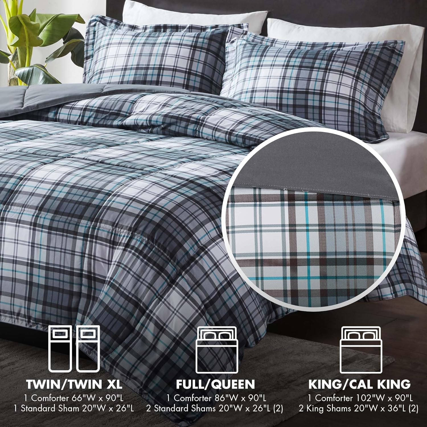 Madison Park Essentials Parkston Plaid Comforter, Matching Sham, 3M Scotchguard Stain Release Cover, Hypoallergenic All Season Bedding-Set, Full/Queen, Grey, 3 Piece - Image 4