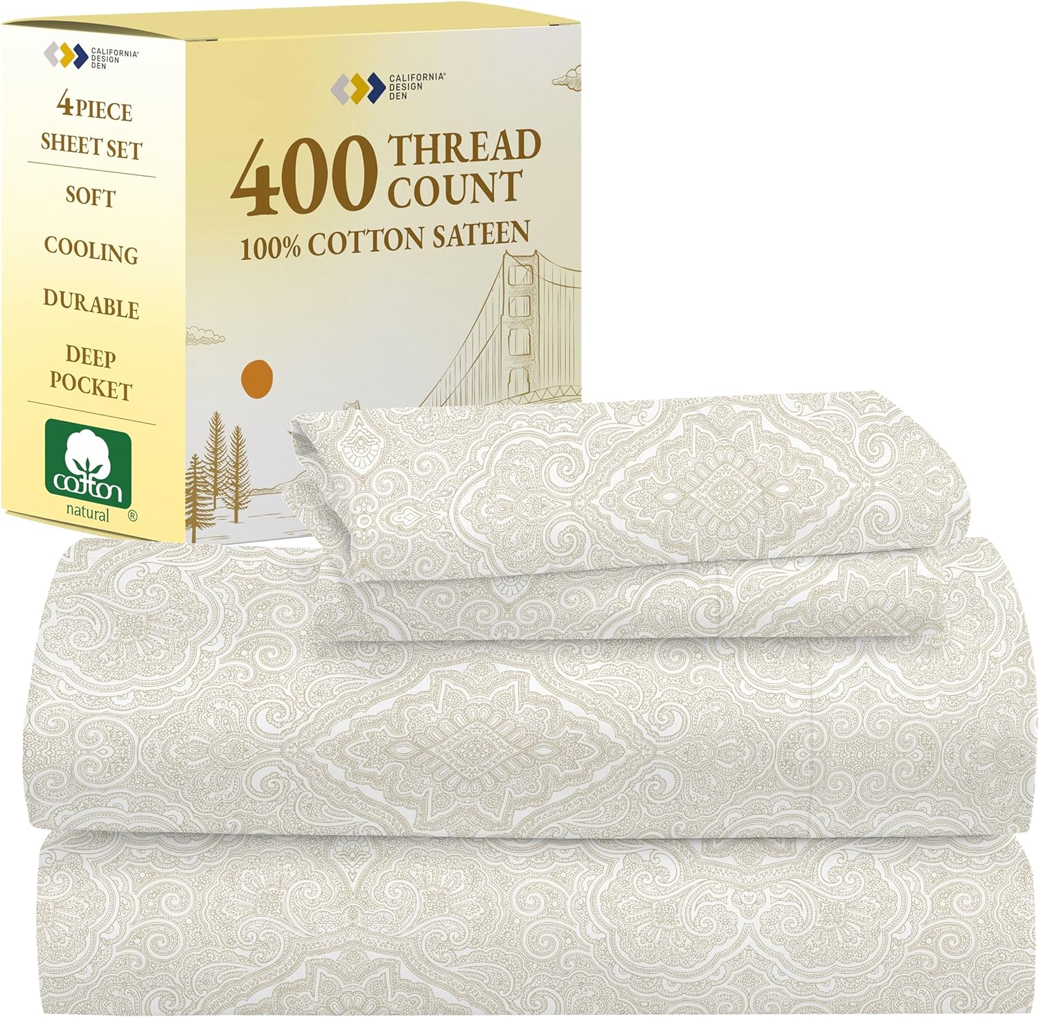 California Design Den King Size Sheets Set - Soft 400 Thread Count Sateen, Natural 100% Cotton Sheets King Size, Deep Pockets with All Around Elastic for a Snug Fit, Cool & Durable Bedding - White - Image 100
