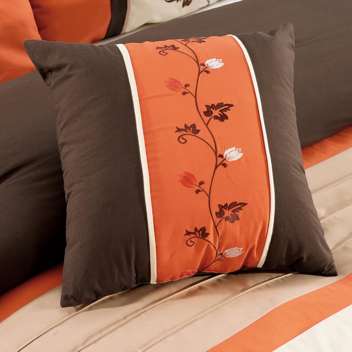 Chezmoi Collection Serene 7-Piece Luxury Autumn Floral Embroidery Comforter Set, Queen, Orange/Brown/Taupe - Image 4