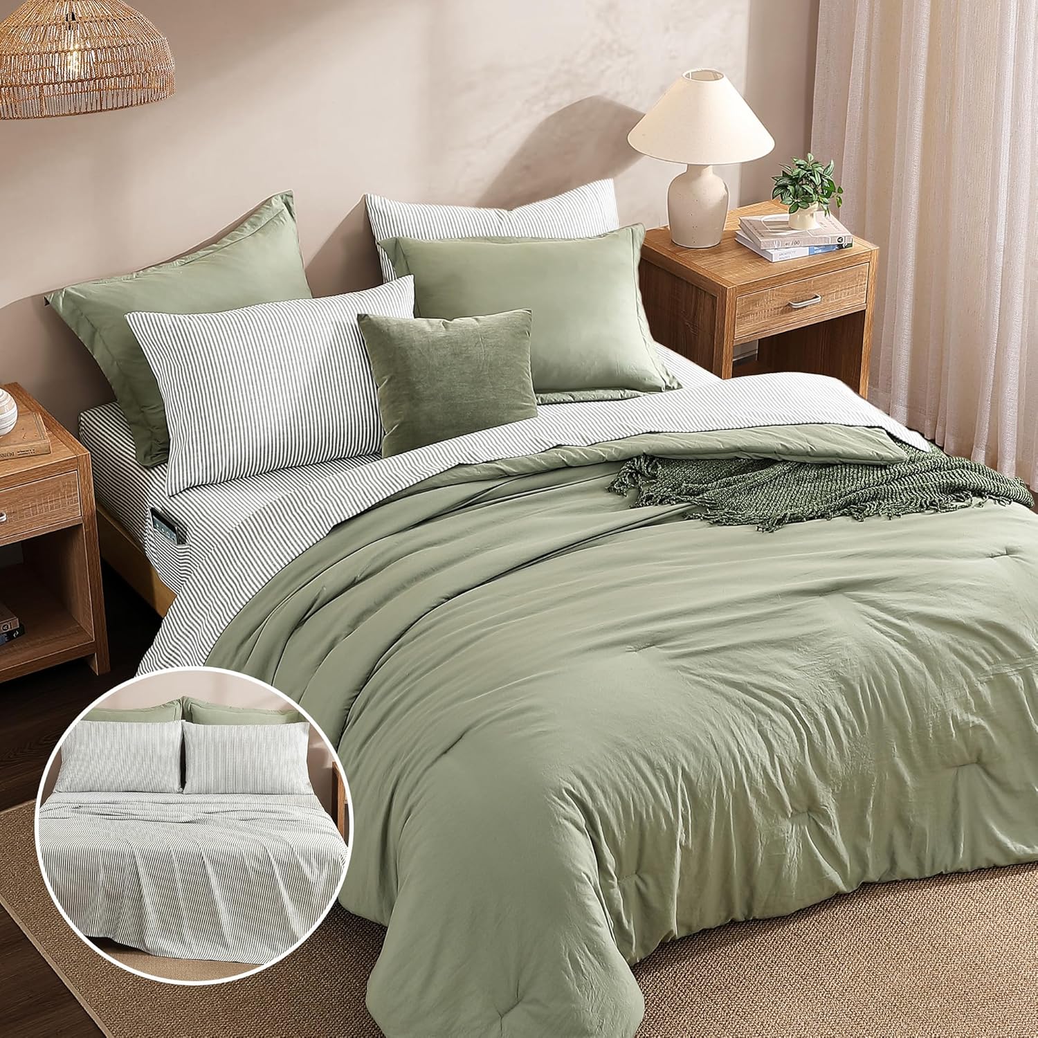 Monbix Queen Comforter Set - 7 Pieces Olive Green Prewashed Bed in a Bag Queen Bedding Sets with Comforters, All Seasons Ultra Soft Comforter Bed Set with Sheets,Pillowcases & Shams - Image 4