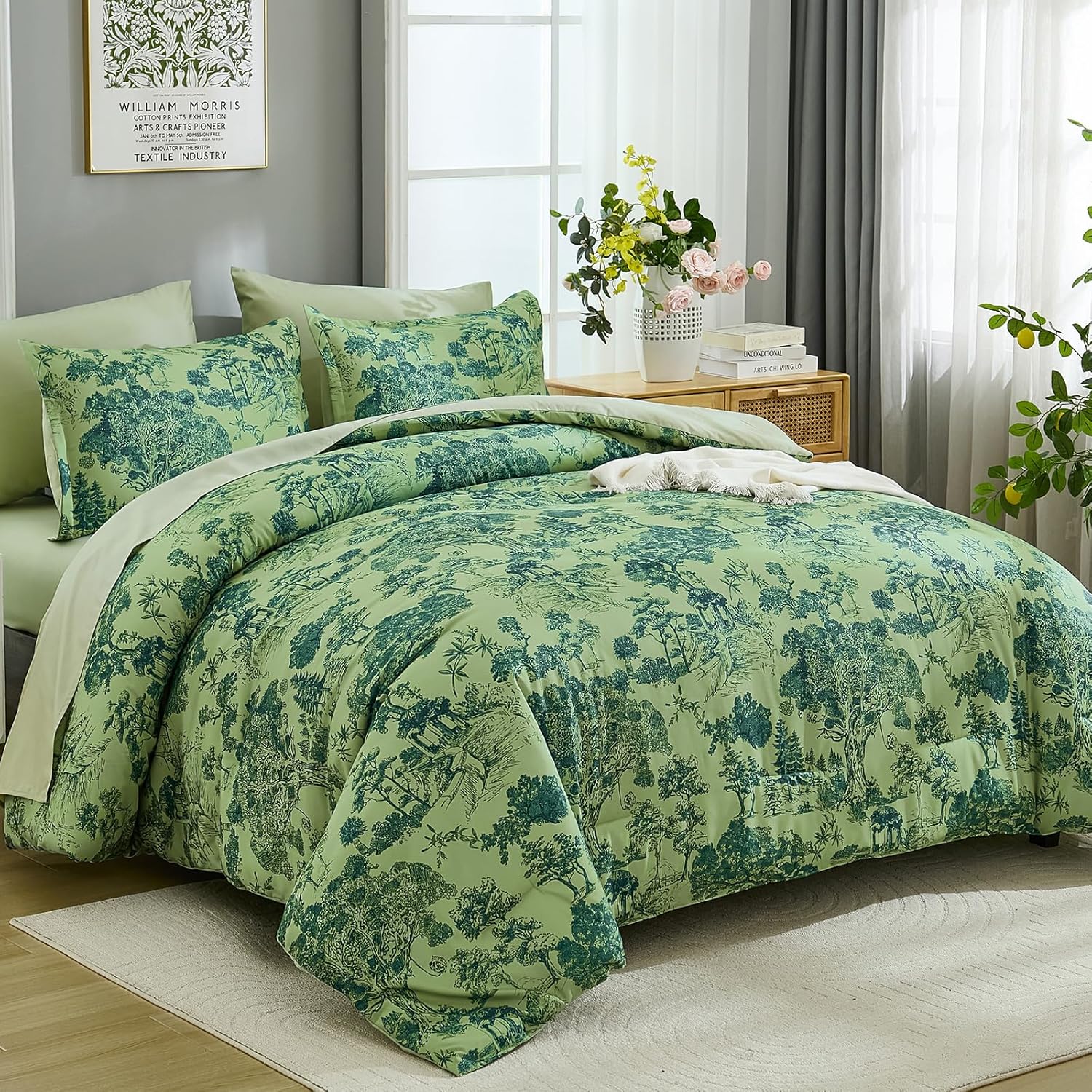 DJY Blue Comforter Set Queen, 7 Pieces Bed in a Bag Queen Size Botanical Comforters with Sheets Elegant Plants Print Soft Microfiber Reversible Complete Bedding Sets for All Season - Image 10