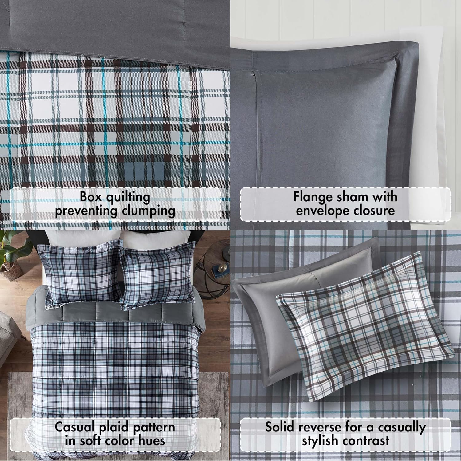 Madison Park Essentials Parkston Plaid Comforter, Matching Sham, 3M Scotchguard Stain Release Cover, Hypoallergenic All Season Bedding-Set, Full/Queen, Grey, 3 Piece - Image 2