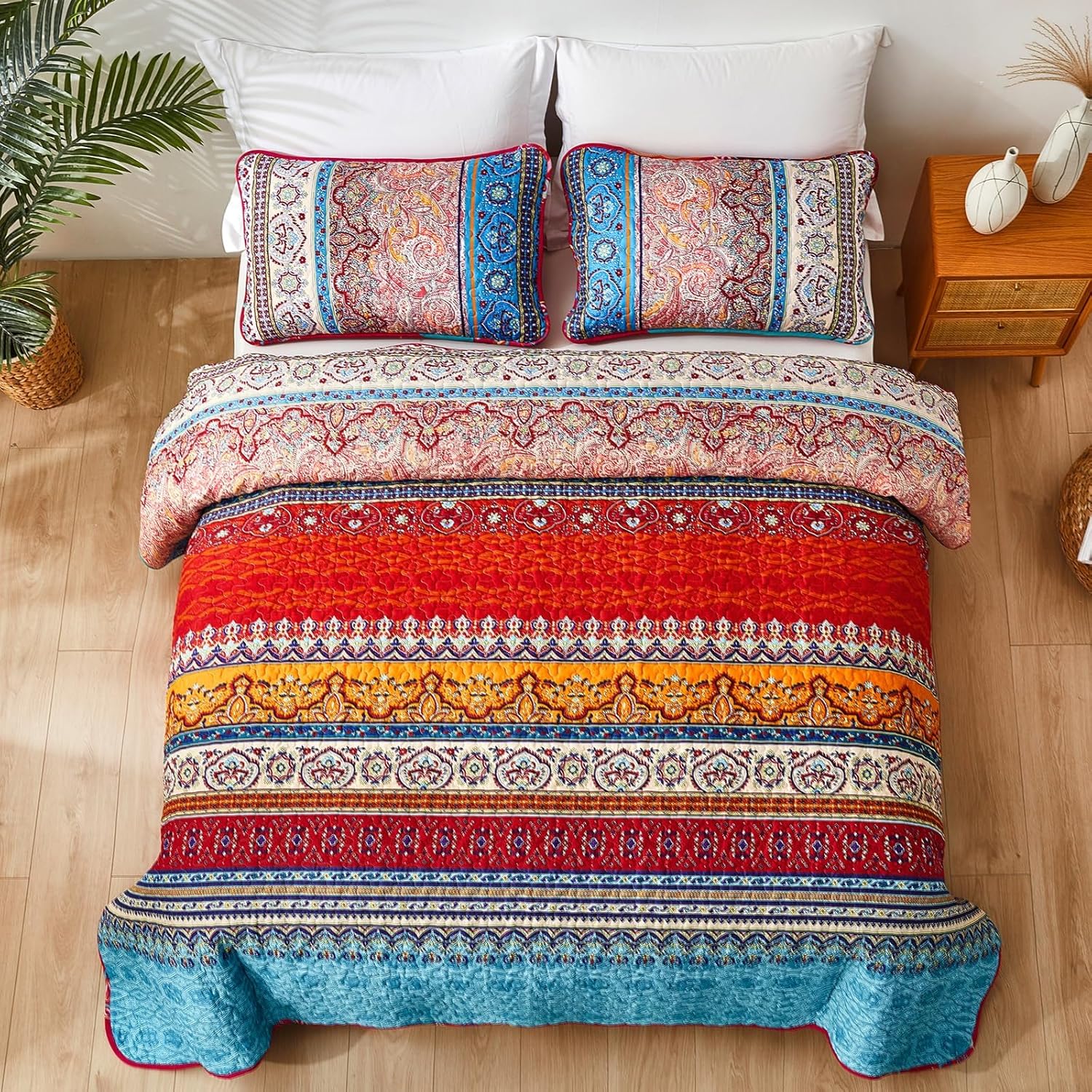 WONGS BEDDING Bohemian Quilt Set King Size, Boho Striped Printed Bedding Bedspread Coverlet Set for All Season, Lightweight Microfiber Quilts with 2 Pillowcases 104"x90" (3 Pieces, Colorful) - Image 3