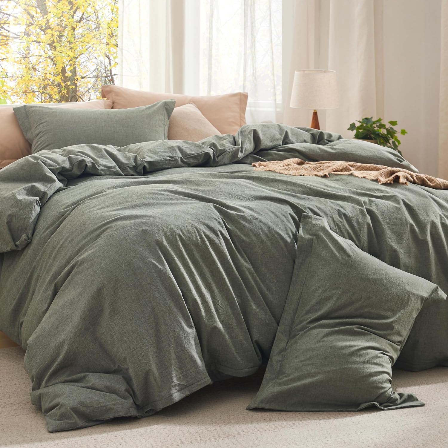 Bedsure Comforter Set Queen Size Grayish Olive Green - Cotton Fabric with Microfiber Inner Fill, Queen Comforter Set for All Seasons, 3 Pieces, 1 Comforter (90"x90") and 2 Pillow Cases (20"x26")