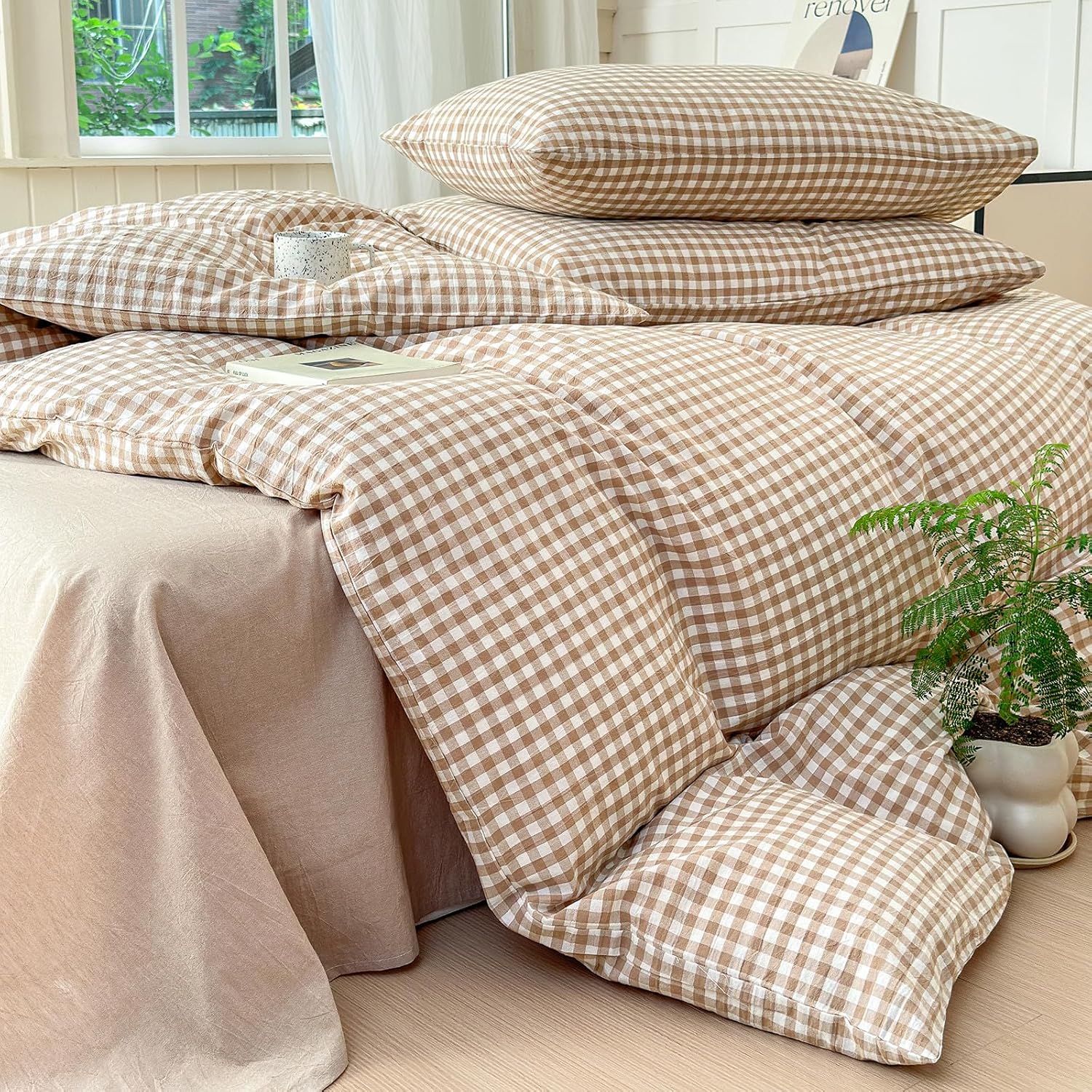 LifeTB Queen Comforter Set Tan Gingham Comforter Modern Style Beige Plaid Comforter Set 3 Pieces Fluffy Grid Checkered Comforter with 2 Pillowcases Boho Gingham Bedding Set Queen Size - Image 6