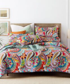 Qucover 100% Cotton Quilt King, Boho Bedspreads King Size, Vibrant Colorful Gorgeous Paisley Print Coverlet Bedding with 2 Pillow Shams, Boho Decor for Living Bedroom, 98x106 Inches