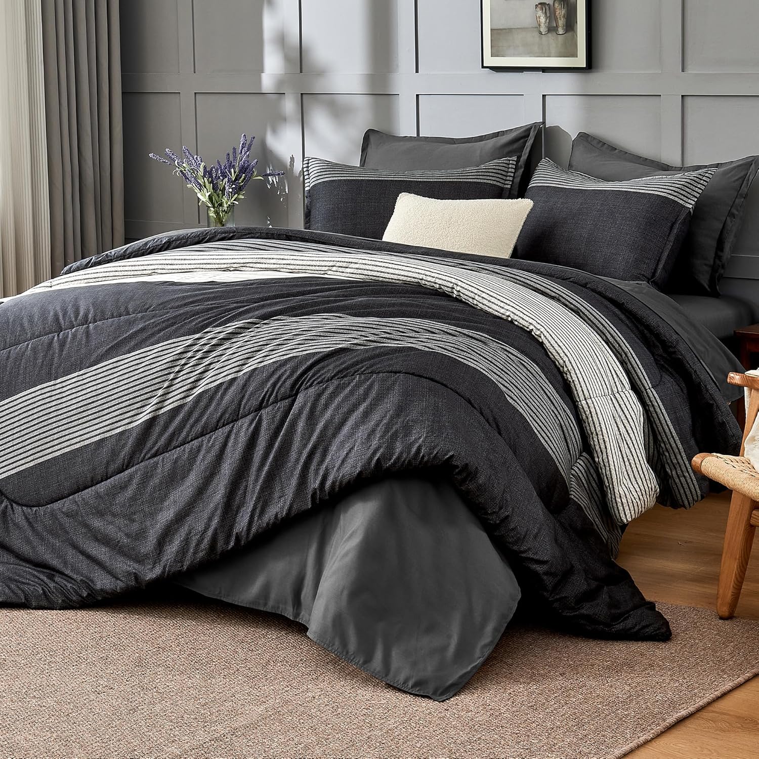 Andency Queen Comforter Set 7 Pieces Bed in a Bag - Black White Grey Striped Lightweight Soft Microfiber All Season Queen Size Bedding Set with Comforter, Fitted & Flat Sheet, Pillowcases & Shams - Image 2