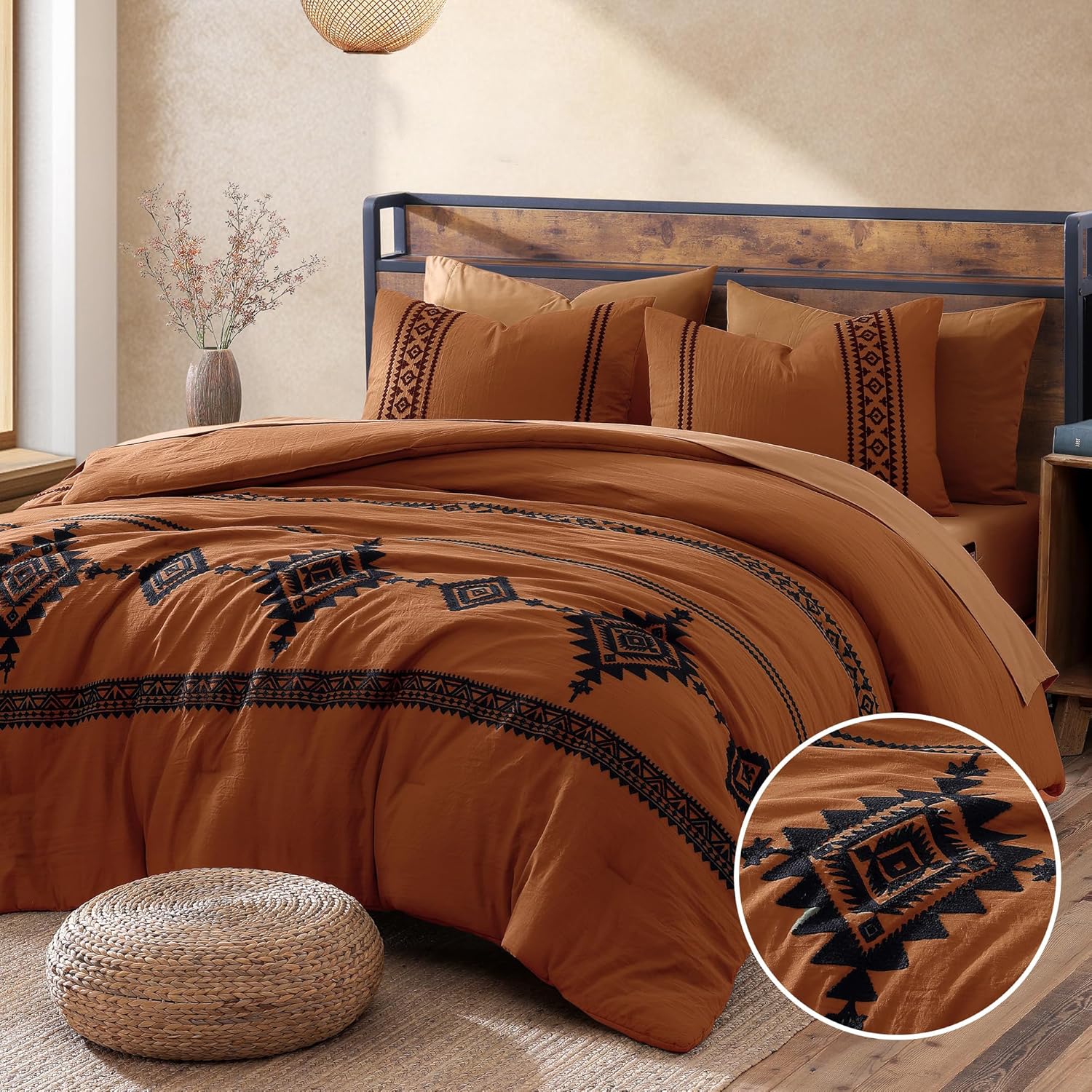 MaiRêve Burnt Orange Embroidery Comforters Set Queen Size - 7 Pieces, Farmhouse Western Bedding All Season, Bed in A Bag Queen Boho Comforter Set with Sheets, Pillowcases & Shams
