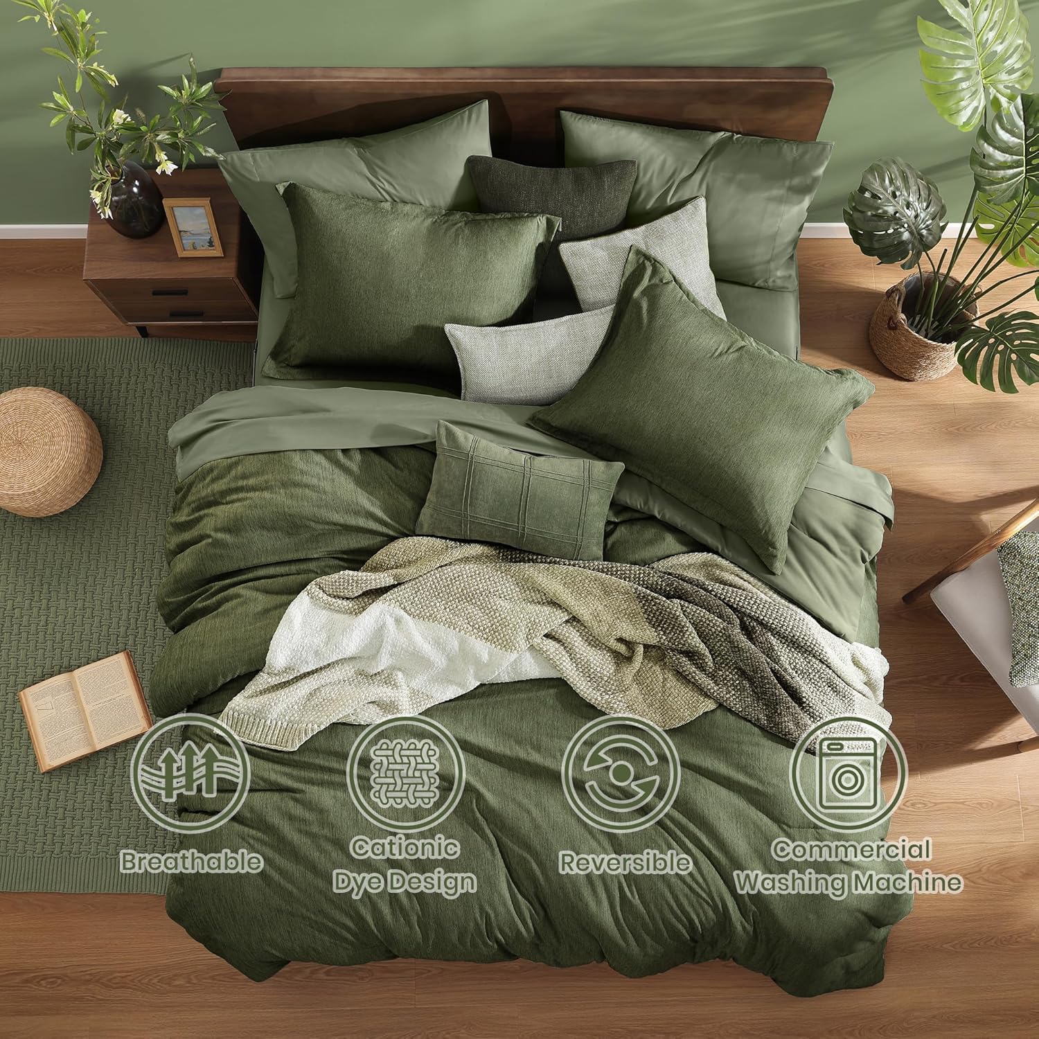 Monbix King Size Comforter Set, Olive Green King Bed Set Reversible, King Size Comforter Set 7 Pieces, Cationic Dyeing Bed in a Bag with Comforter, Sheets, Pillowcases & Shams - Image 2