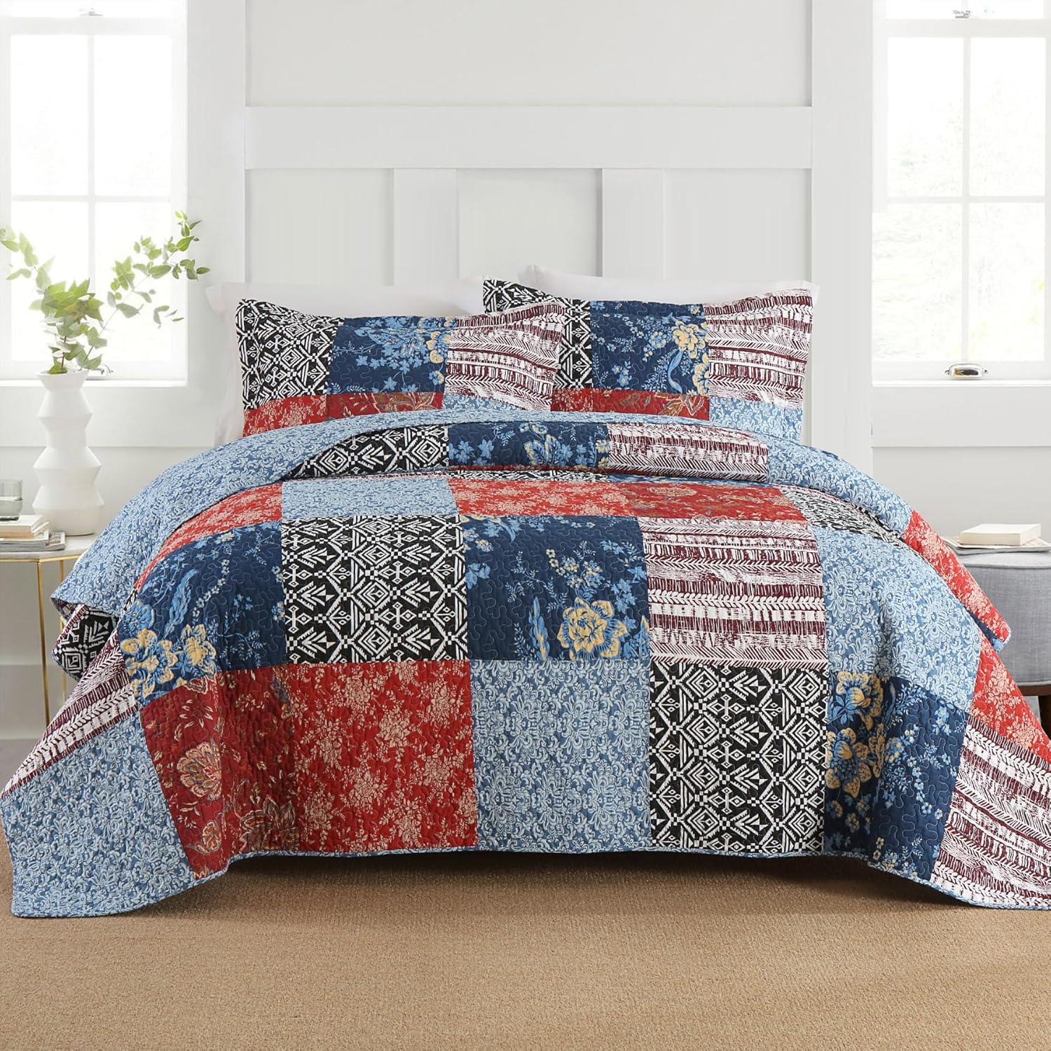 Secgo Queen Comforter Set for Bed - 100% Cotton Quilts Queen Size, Green, Sage Bedspreads (90 * 98 Inch) with 2 Pillow Shams, Patchwork Reversible Lightweight Bedding - Image 9