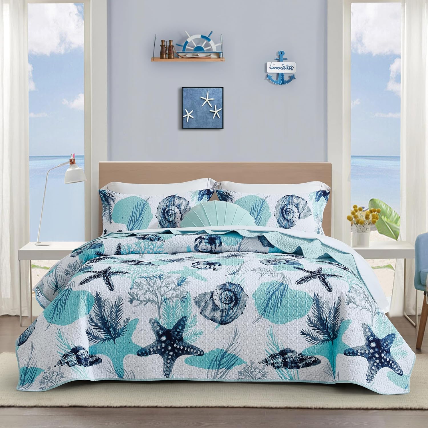 Tritard 3 Piece Coastal Quilt Sets Full/Queen Size - Reversible Microfiber Quilts with 2 Shams Soft Lightweight Beach Bedding Nautical Bedspread Coverlet Summer Comforter for All Season, 90''x96'', C1 - Image 15