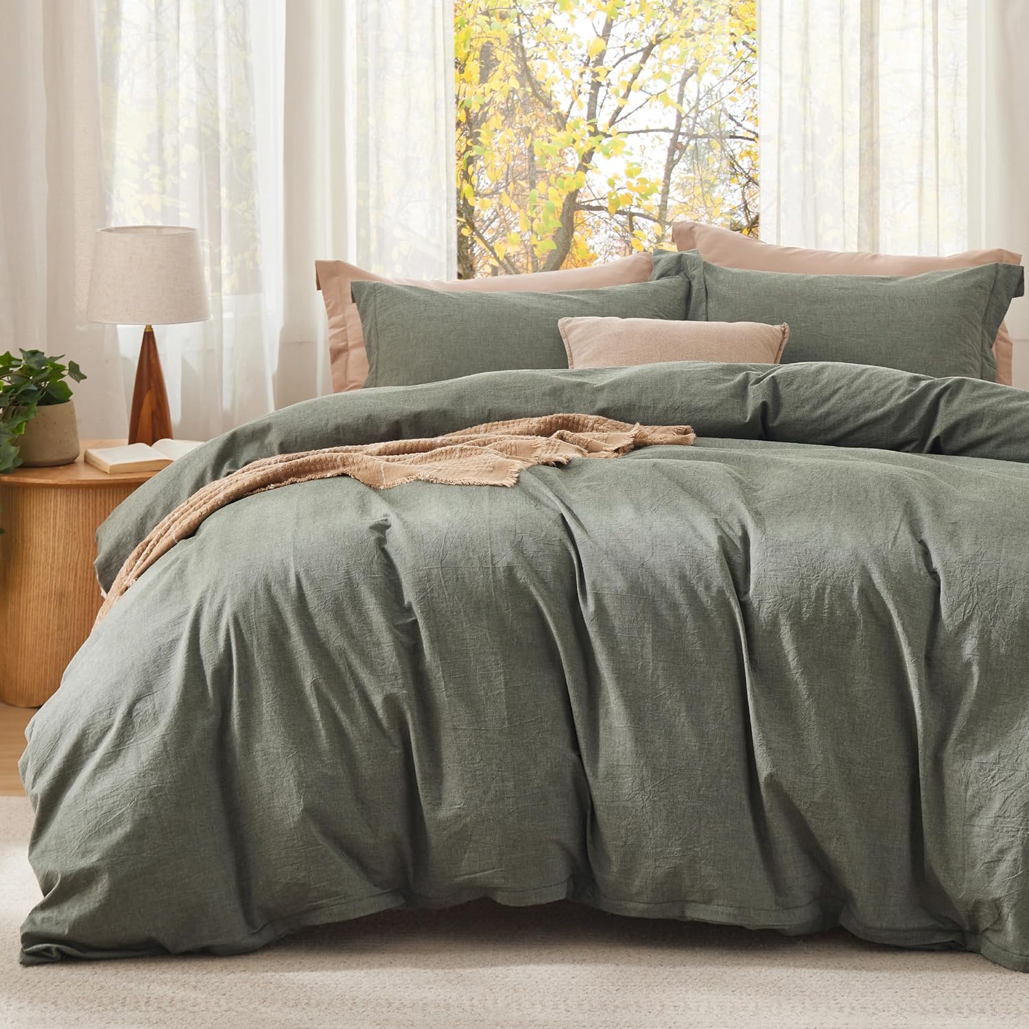 Bedsure Comforter Set Queen Size Grayish Olive Green - Cotton Fabric with Microfiber Inner Fill, Queen Comforter Set for All Seasons, 3 Pieces, 1 Comforter (90"x90") and 2 Pillow Cases (20"x26") - Image 2