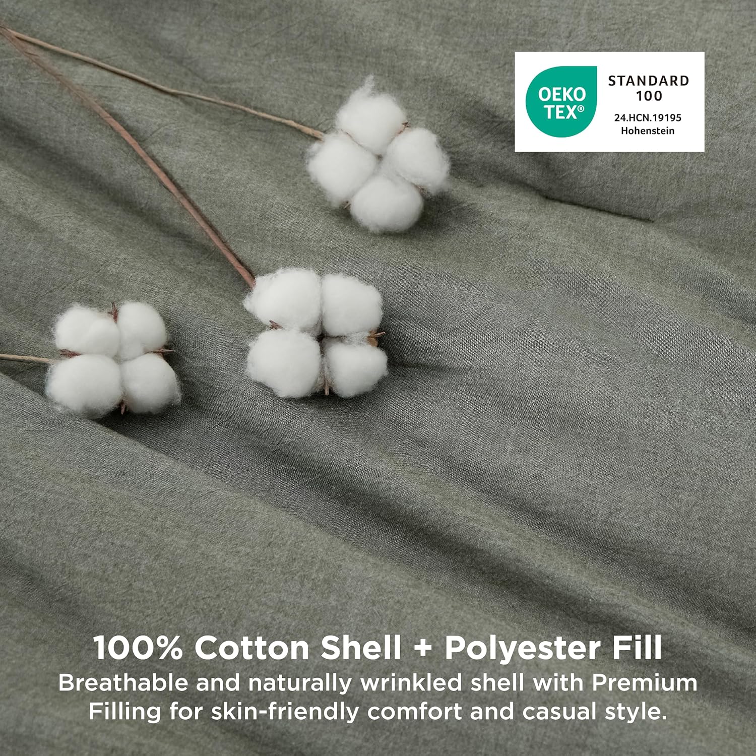 Bedsure Comforter Set Queen Size Grayish Olive Green - Cotton Fabric with Microfiber Inner Fill, Queen Comforter Set for All Seasons, 3 Pieces, 1 Comforter (90"x90") and 2 Pillow Cases (20"x26") - Image 3