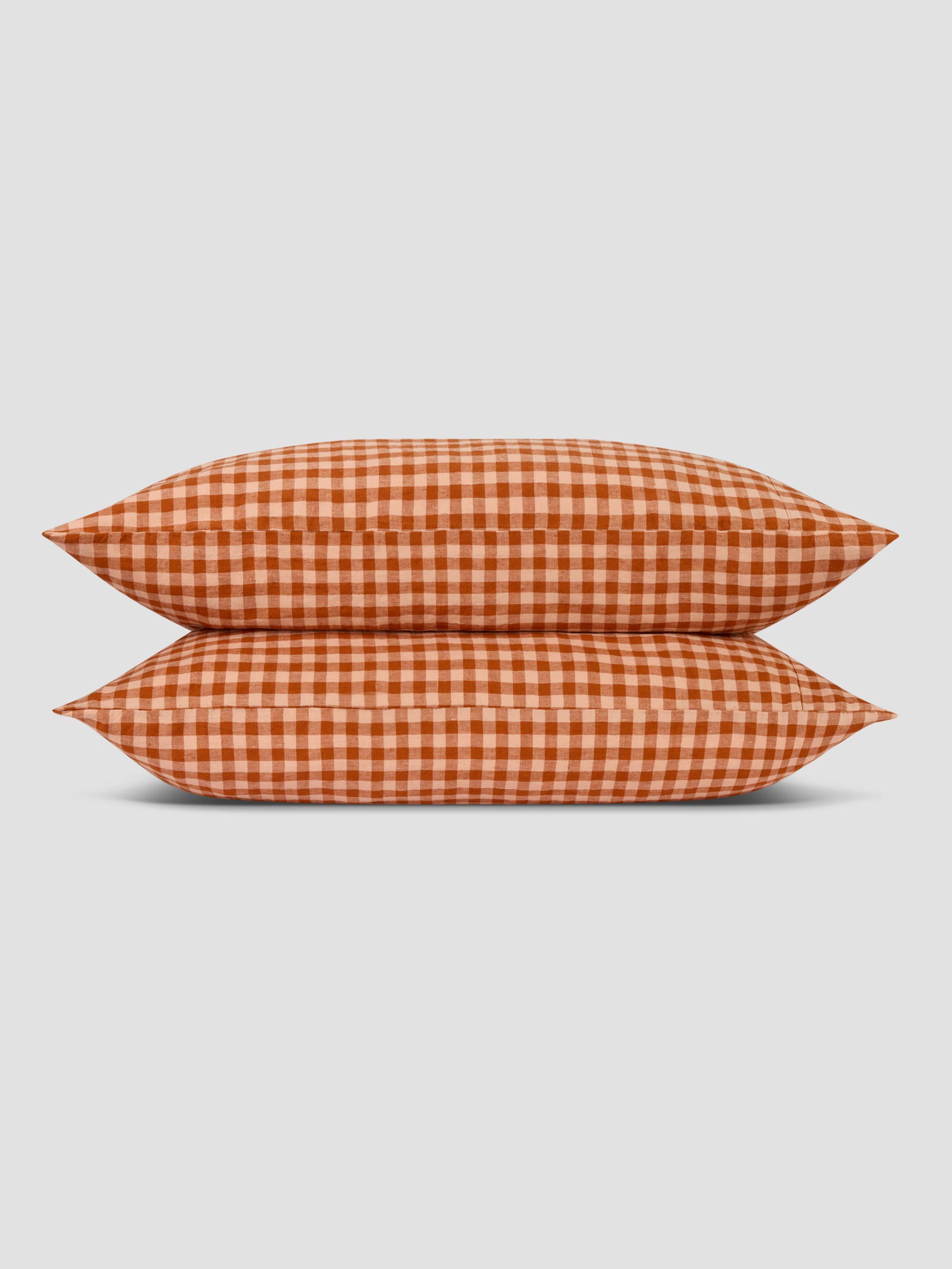 Cinnamon & Peach Colour Drenched Gingham Linen Blend Pillowcases (Pair) - Image 2