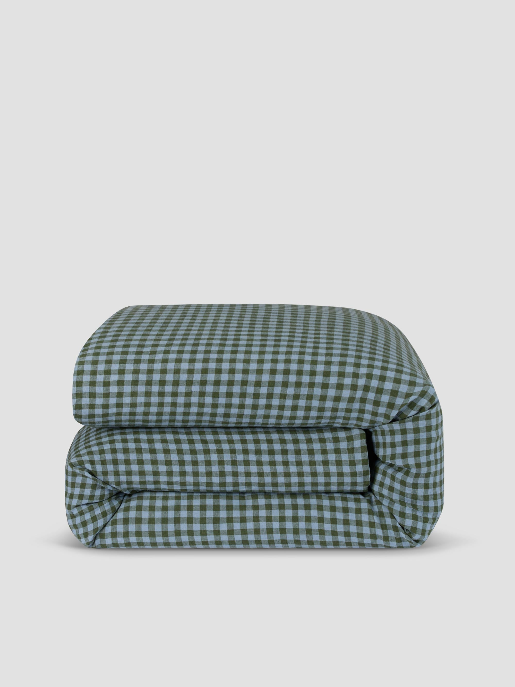 Fern Green & Dusk Blue Color Drenched Gingham 100% Linen Duvet Cover - Image 3