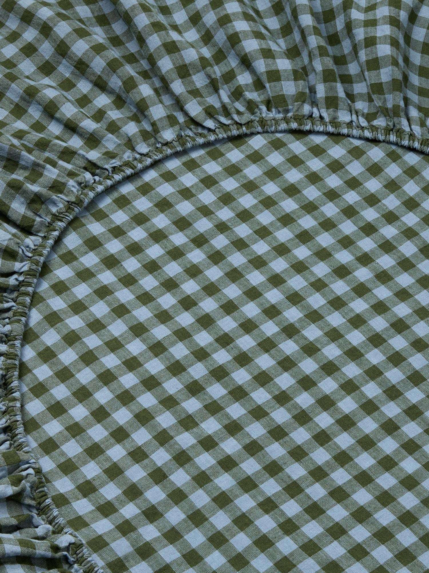 Fern Green & Dusk Blue Colour Drenched Gingham Linen Blend Fitted Sheet - Image 2
