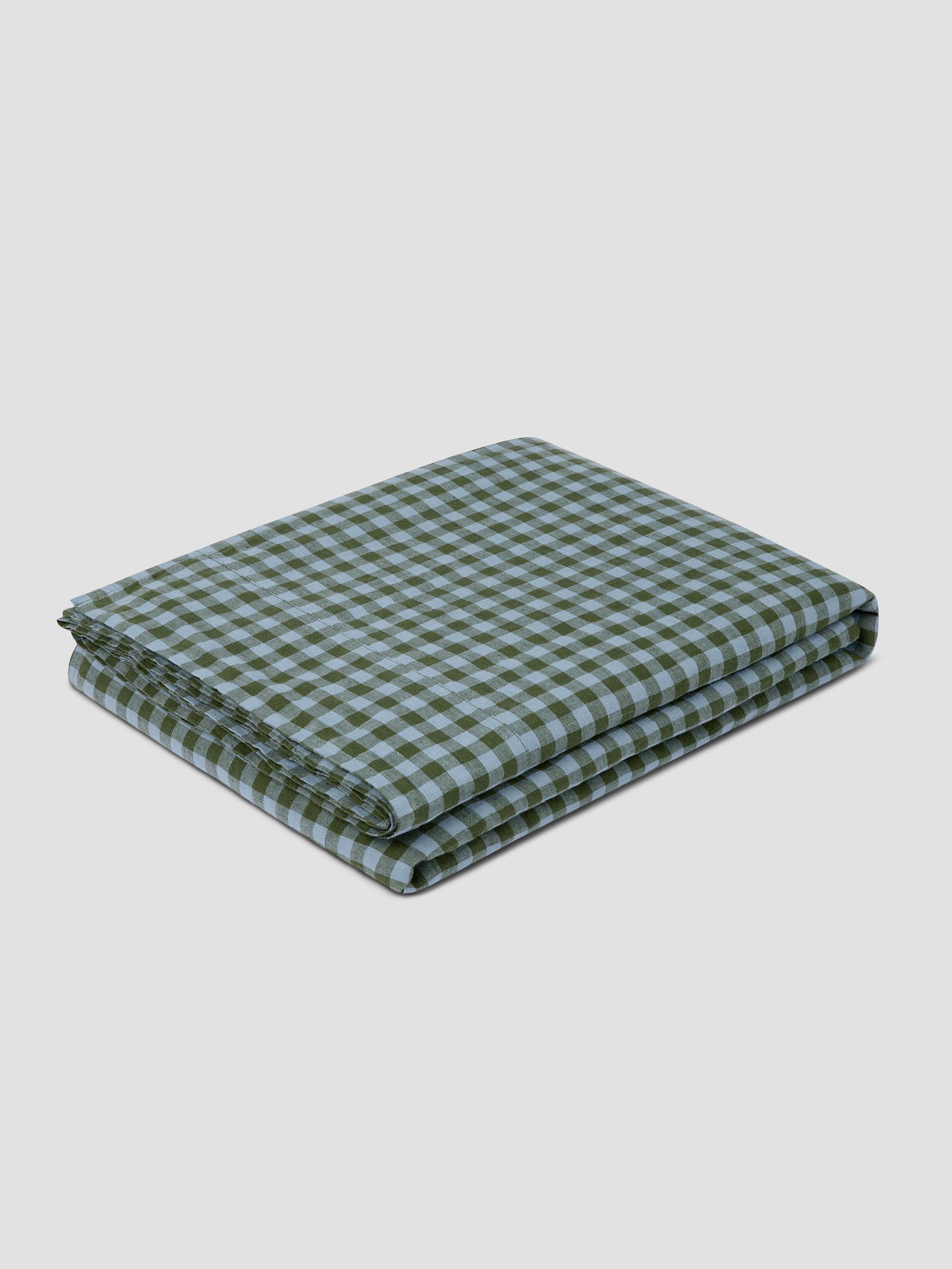 Fern Green & Dusk Blue Colour Drenched Gingham Linen Blend Flat Sheet - Image 2