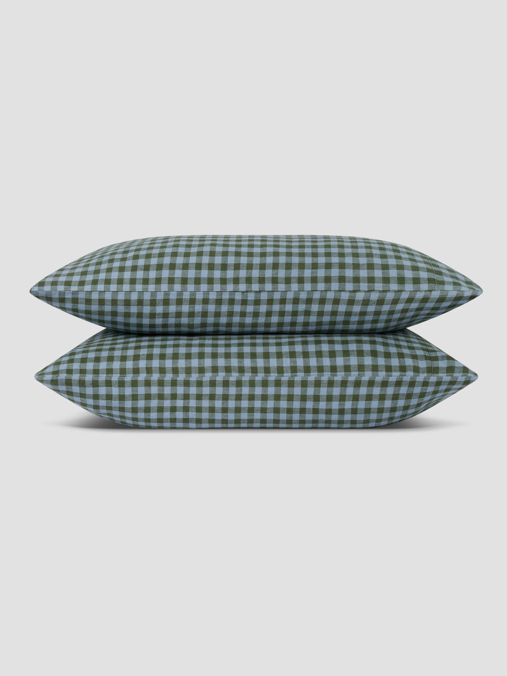 Fern Green & Dusk Blue Colour Drenched Gingham Linen Blend Pillowcases (Pair) - Image 2
