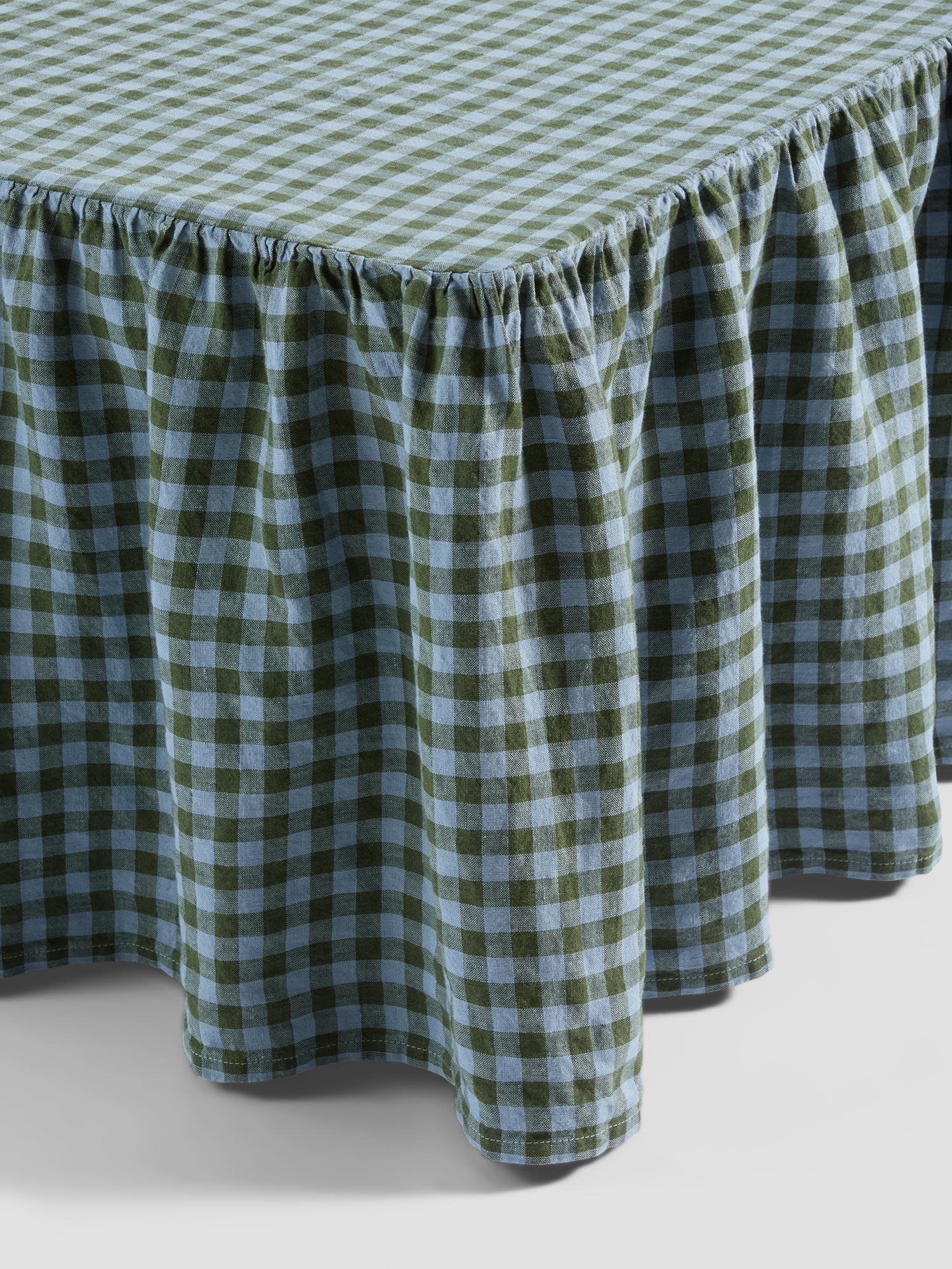 Fern Green & Dusk Blue Color Drenched Gingham Linen Blend Bed Skirt