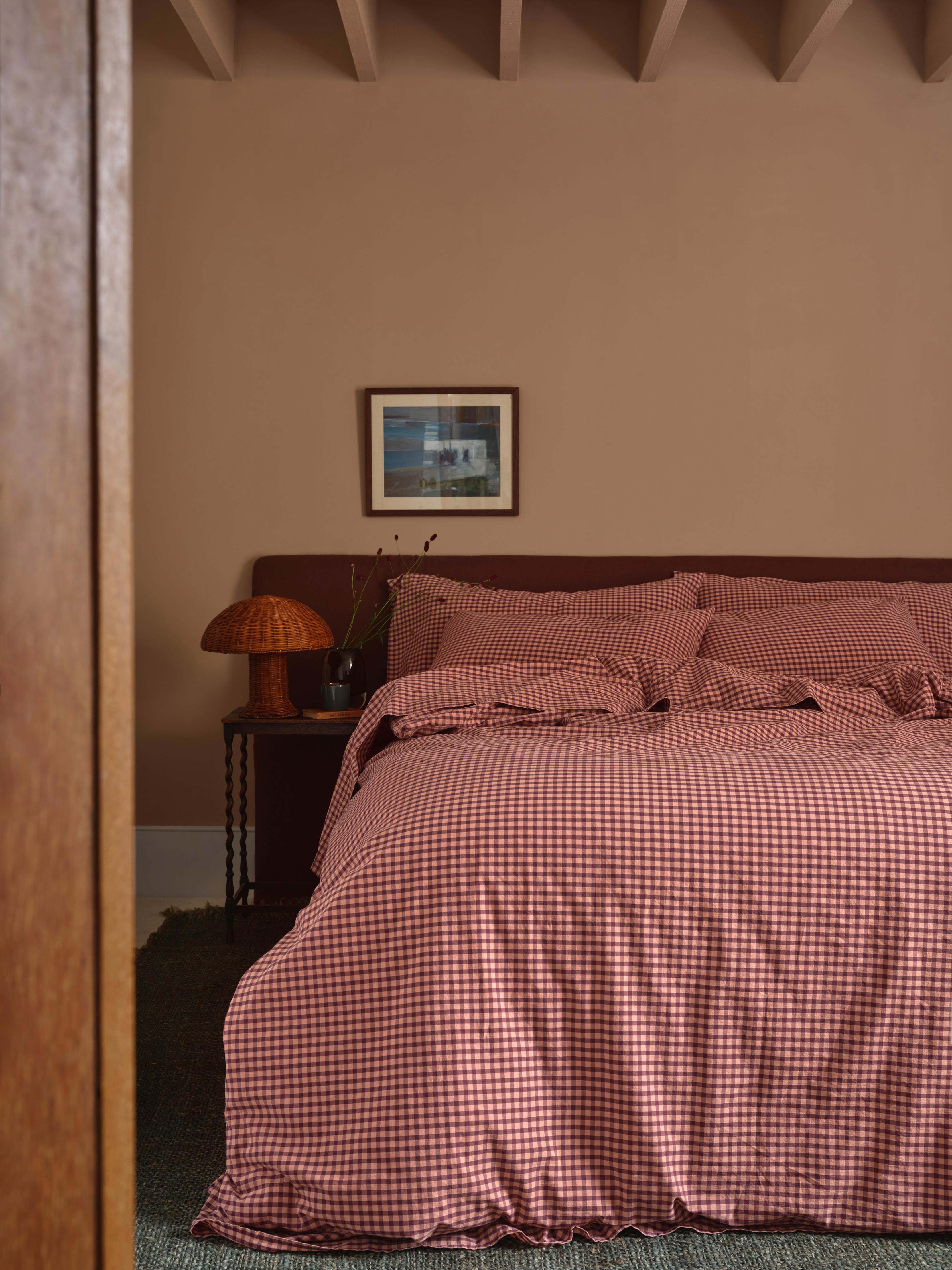 Fig & Blush Pink Gingham Washed Cotton Percale Duvet Cover - Image 2