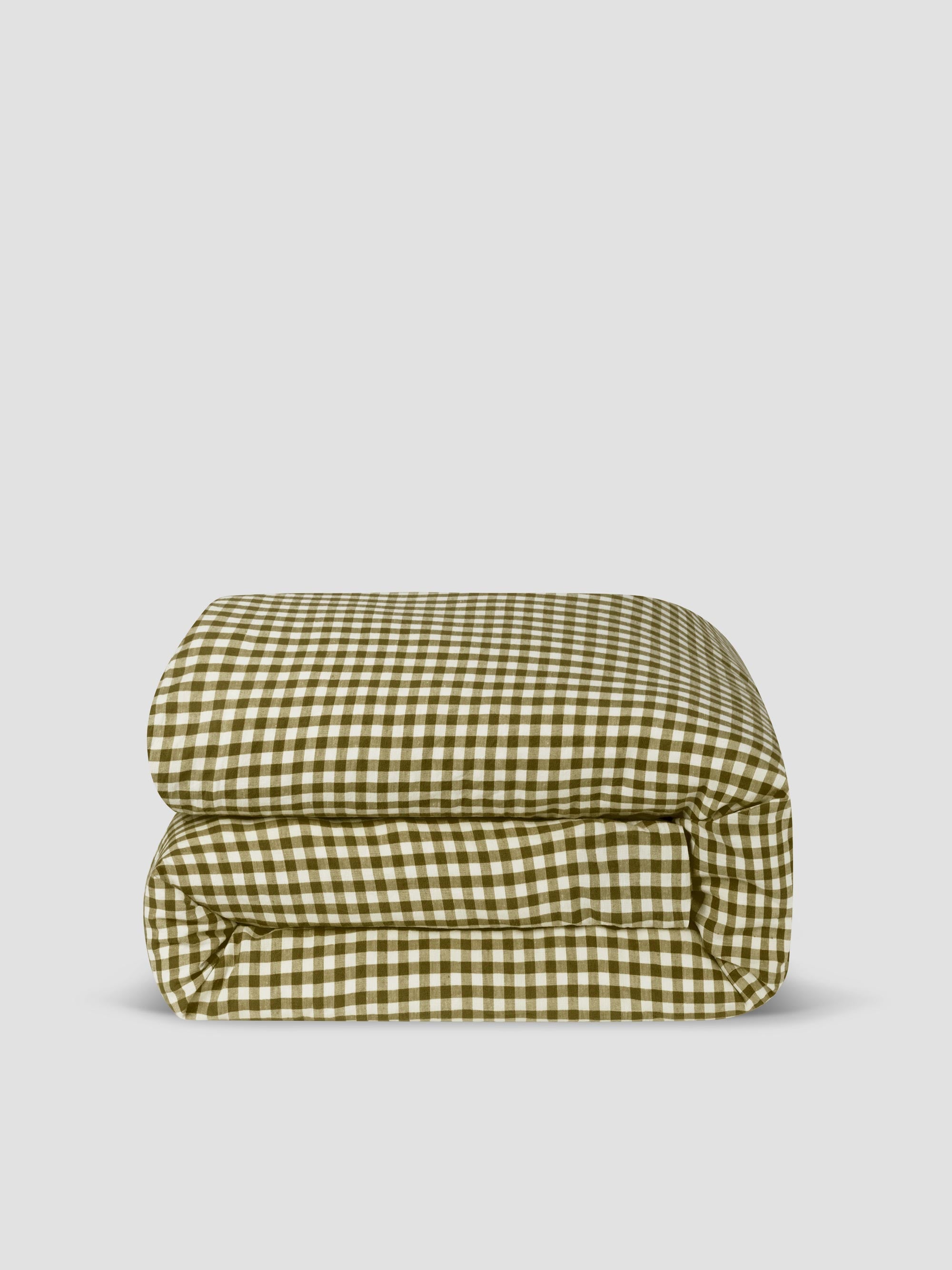 Botanical Green Gingham Linen Blend Duvet Cover - Image 3