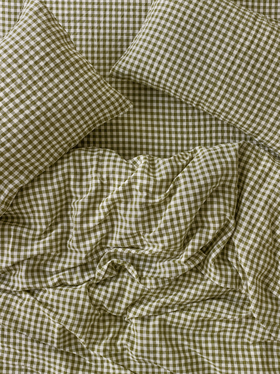 Botanical Green Gingham Linen Blend Duvet Cover
