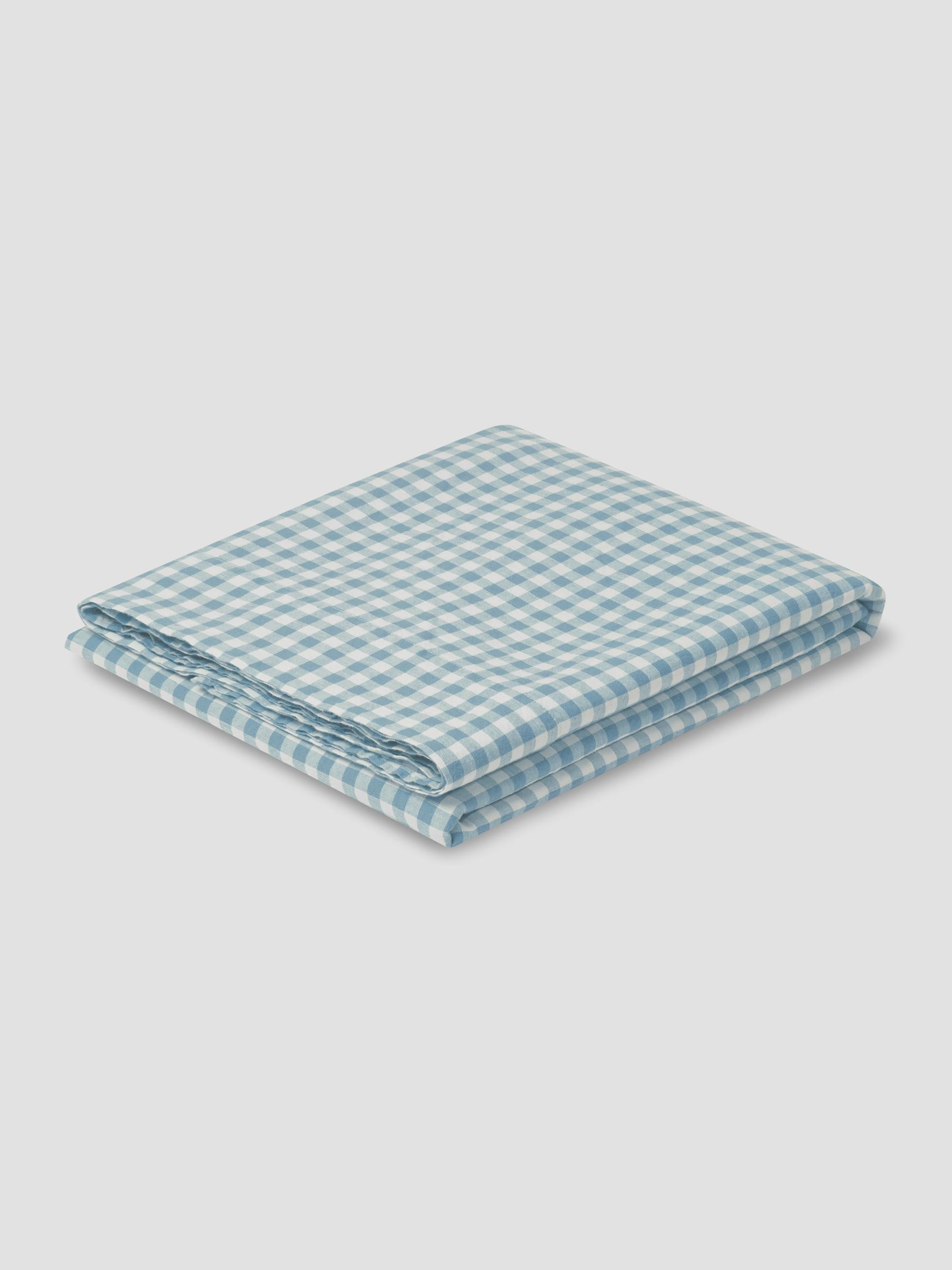 Warm Blue Gingham 100% Linen Flat Sheet - Image 2