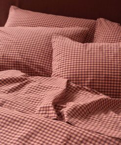 Fig & Blush Pink Gingham Washed Cotton Percale Pillowcases (Pair)