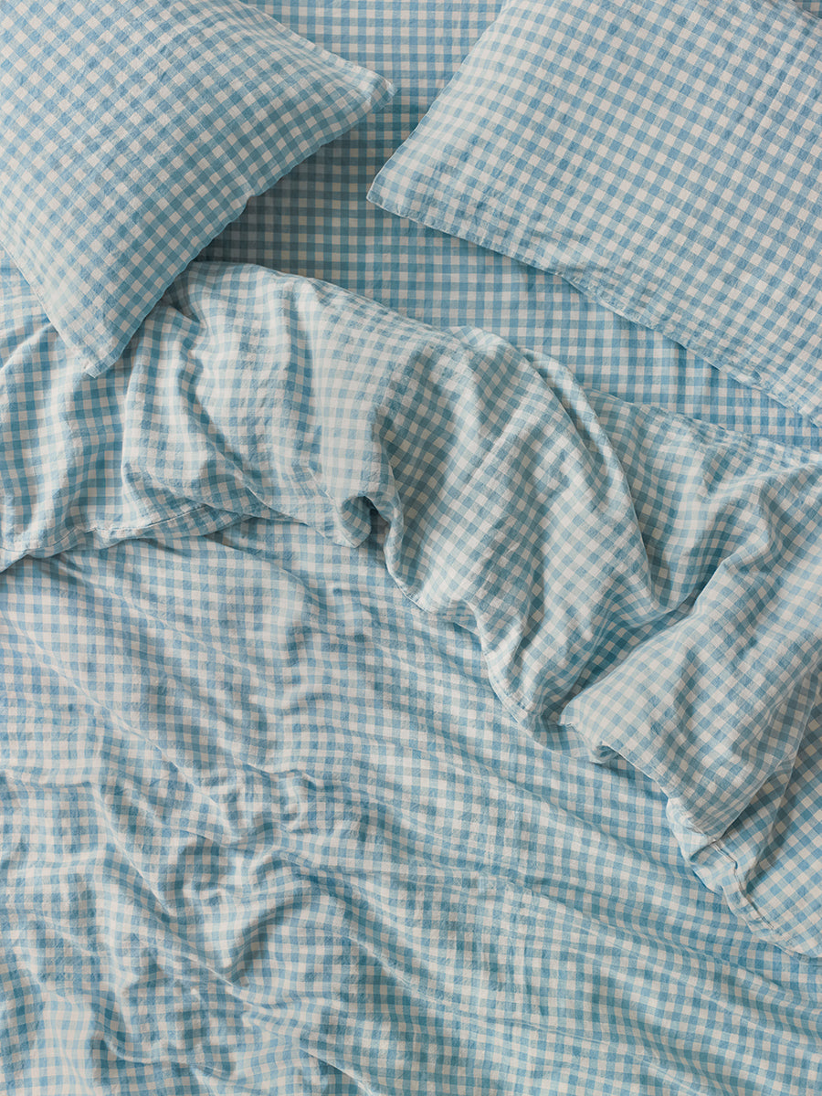Warm Blue Gingham Linen Blend Duvet Cover