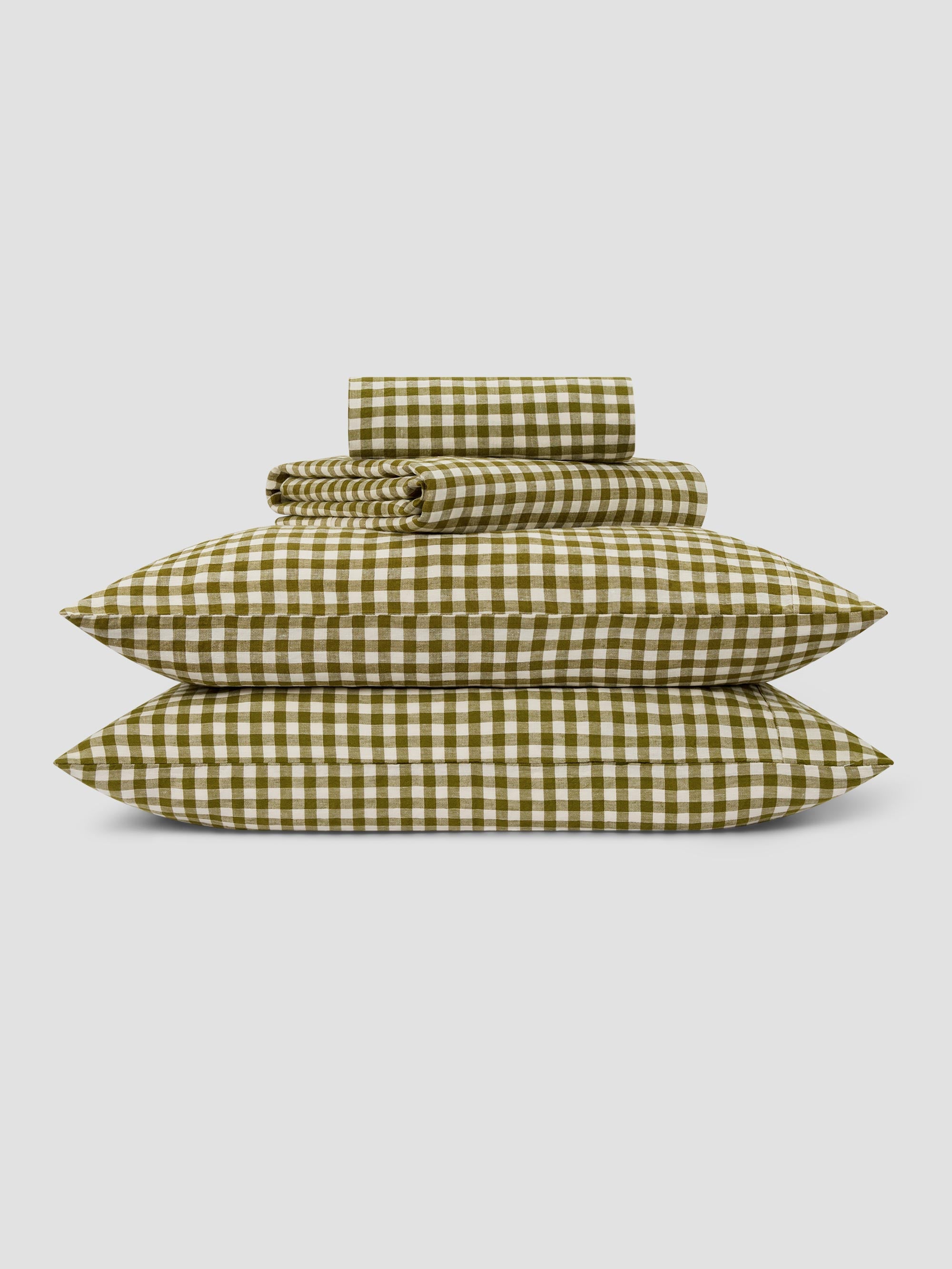Botanical Green Gingham Linen Blend Sheet Set