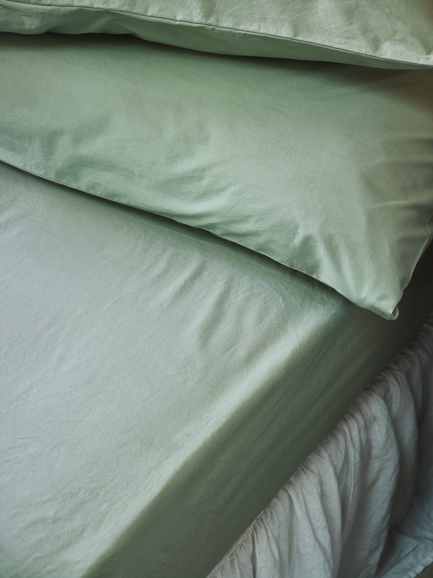 Mellow Green Washed Cotton Percale Fitted Sheet