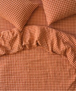 Cinnamon & Peach Colour Drenched Gingham Linen Blend Duvet Cover