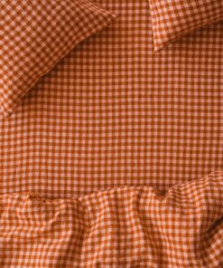Cinnamon & Peach Colour Drenched Gingham Linen Blend Fitted Sheet