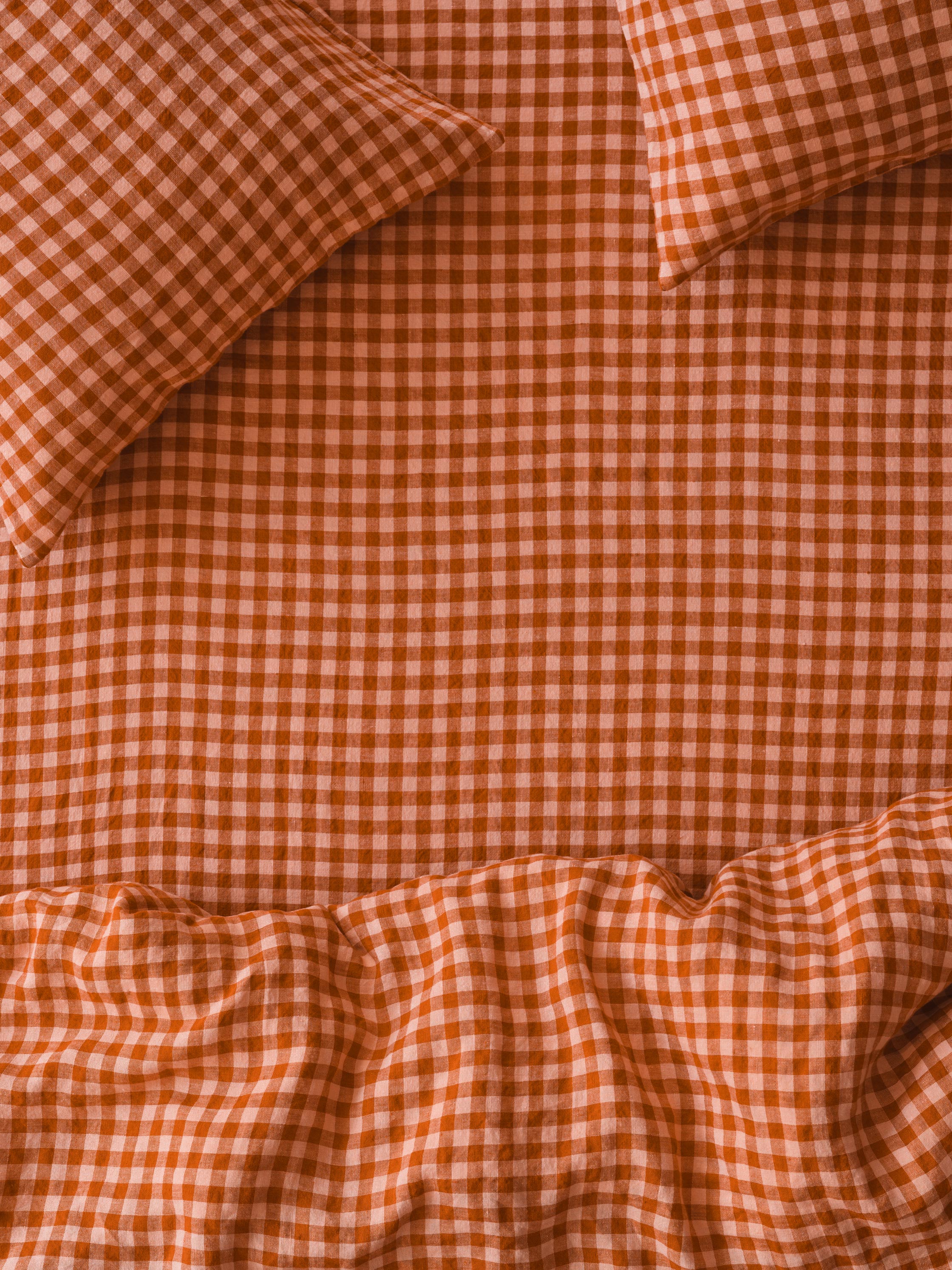 Cinnamon & Peach Colour Drenched Gingham Linen Blend Fitted Sheet