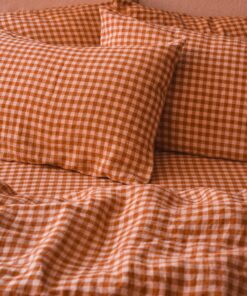 Cinnamon & Peach Colour Drenched Gingham Linen Blend Pillowcases (Pair)
