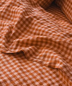 Cinnamon & Peach Color Drenched Gingham 100% Linen Flat Sheet